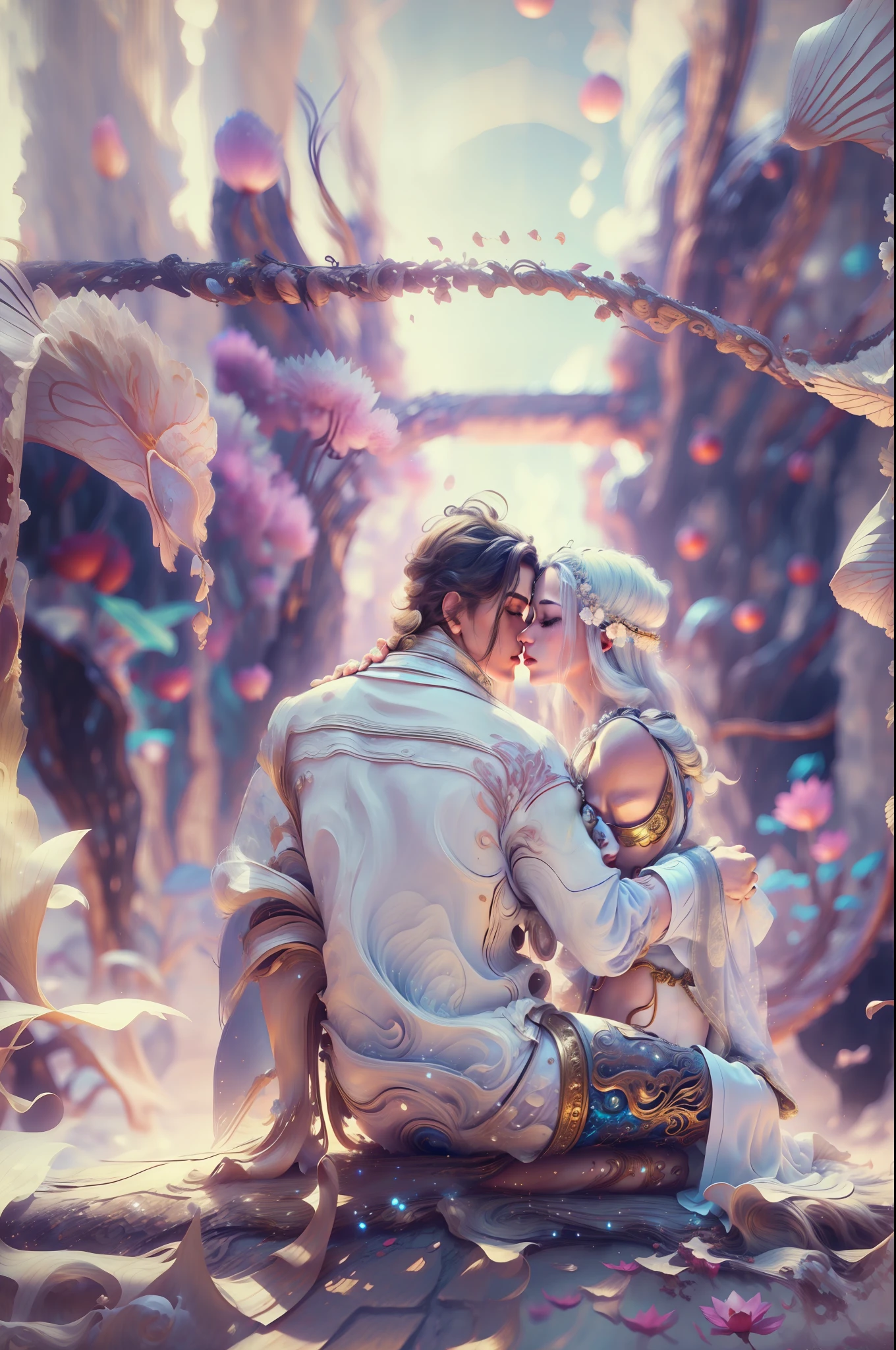 Handsome guy in a white shirt,A man and a woman hug and kiss,Twin,Sit and meditate in a lotus pose,Look at the audience with your eyes closed,raised head,Floating on the ground,cheerfulness,A slight smil,realisticlying,Bokeh,light particules,very highly detailed background,detailed face with,Detailed and complex busy background,Untidy,opulent,milkyW,Highly detailed hands,Realistic details of skin,Visible Pore,tack sharp focus,volume fog,8K UHD,digital SLR camera,high qulity,filmgrain,White skin of the,photo-realism,lomo graphy,Huge metropolis in a dystopia of the future , look from down