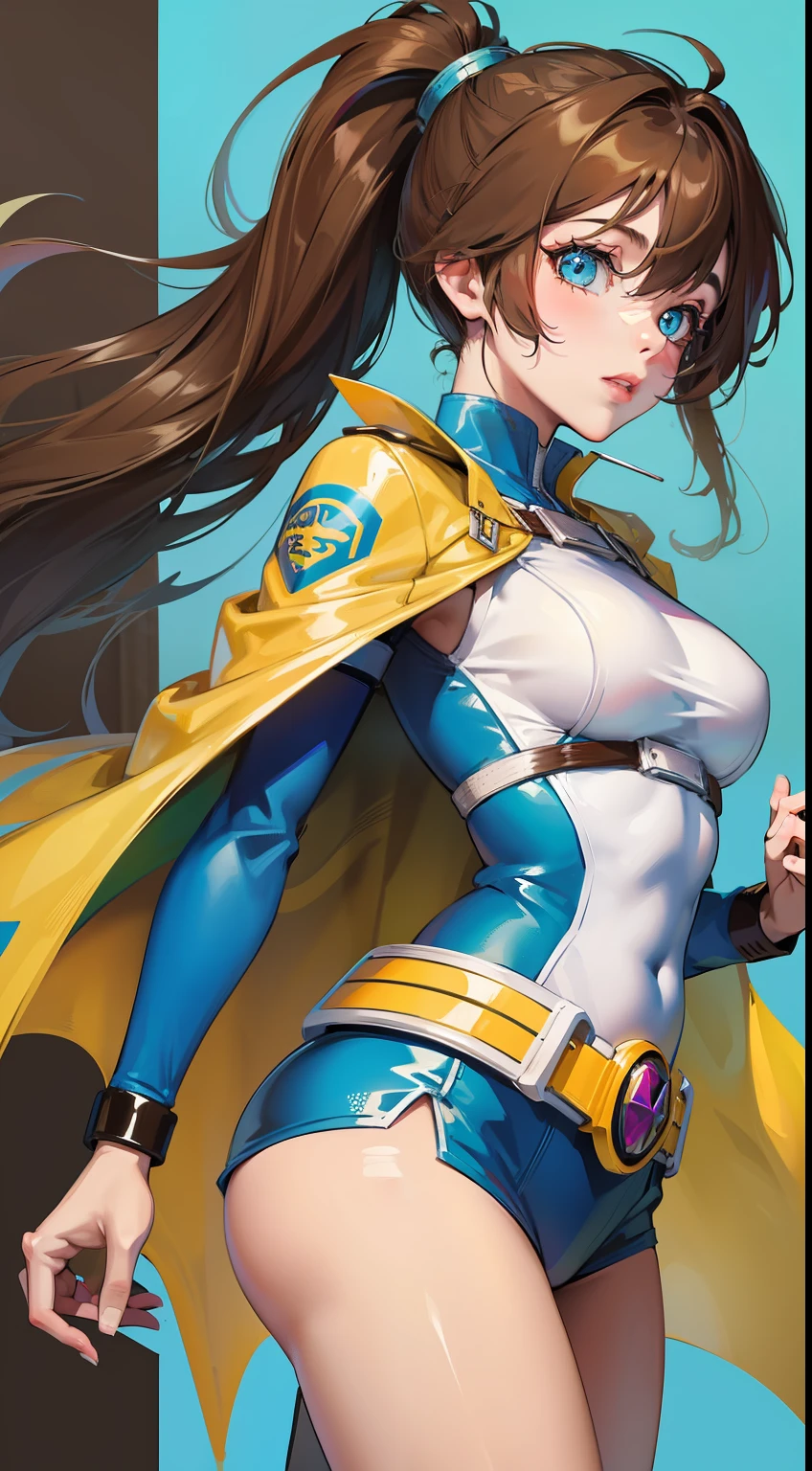 young girl, Long brown hair, high ponytail, Cyan eyes, Blue and yellow superhero uniform, Masterpiece, hiquality