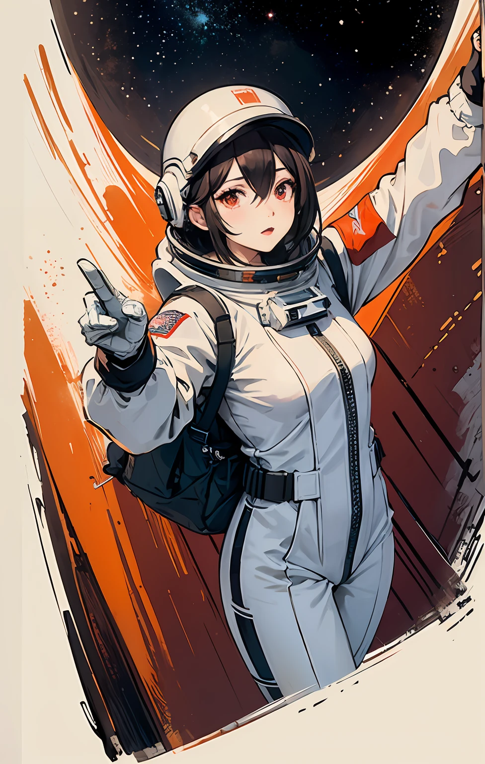 1girl,flat_breasts,cute,beautiful detailed eyes,shiny hair,visible through hair,hairs between eyes, CCCPposter, sovietposter,red monochrome,soviet poster, soviet,communism,
Black_hair,red_eyes,vampire,teenage,poorbreast,Spacesuit:Orange_clothing_body:jumpsuit),white_gloves, white_space shoes, white_helmet, the CCCP red letters on the top of helmet, weightlessness, Side light, reflection, The person in the spacesuit is at the bottom left of the frame, The right hand is outstretched, the right hand gently touches the Salyut space station), Space station in the upper right corner of the screen, Reflected light from the sun, Silver metal,red flag, brilliance,USSR style, diffuse reflection, Metallic texture, The vista is a blue Earth,mecha style,the sea of star,high tone, magnificent