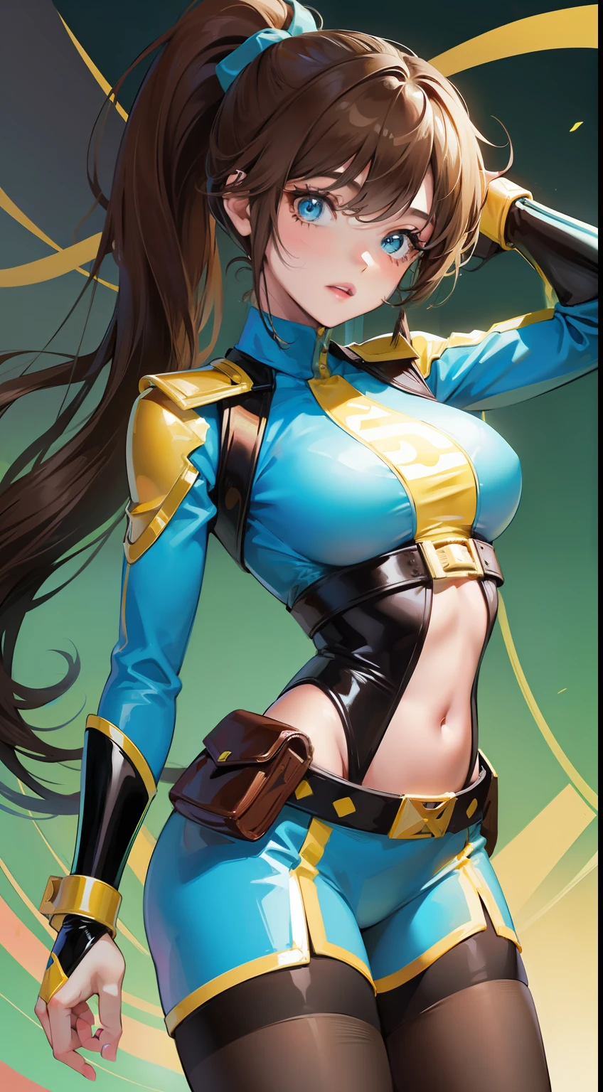 young girl, Long brown hair, high ponytail, Cyan eyes, Blue and yellow superhero uniform, Masterpiece, hiquality