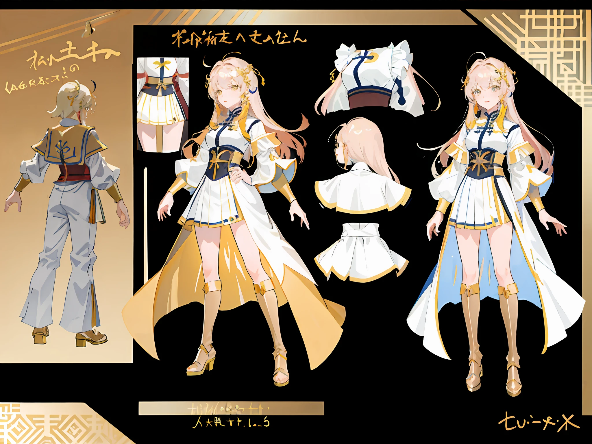 highr，golden outfit，cabellos largos dorados，Golden eyes，standing on your feet，One hand crosses the waist，Chinese girl design，Genshin detailed art，Anime character design，anime concept art，pretty anime character design，anime character reference sheet，[character  design]，