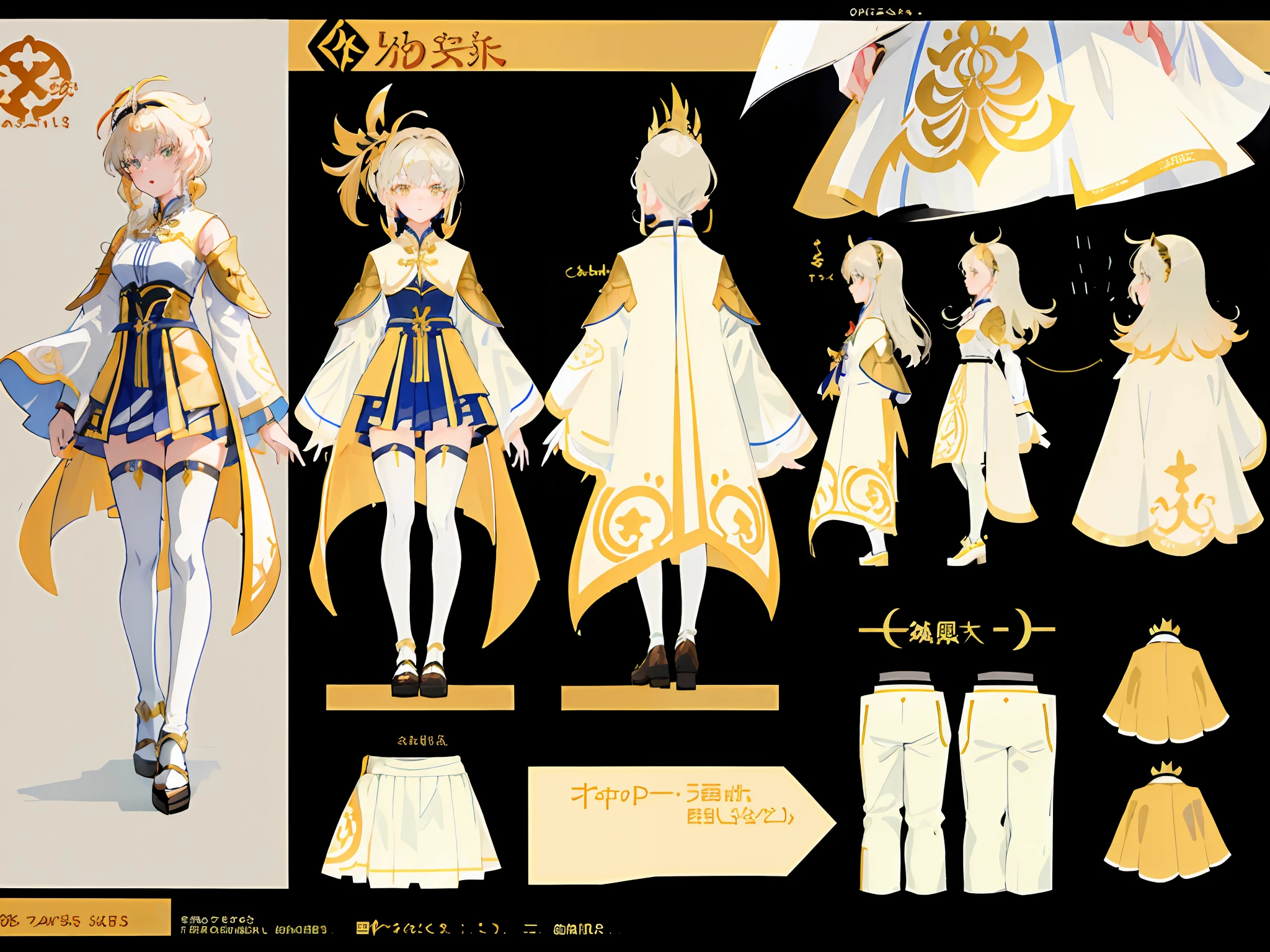 highr，golden outfit，cabellos largos dorados，Golden eyes，standing on your feet，One hand crosses the waist，Chinese girl design，Genshin detailed art，Anime character design，anime concept art，pretty anime character design，anime character reference sheet，[character  design]，