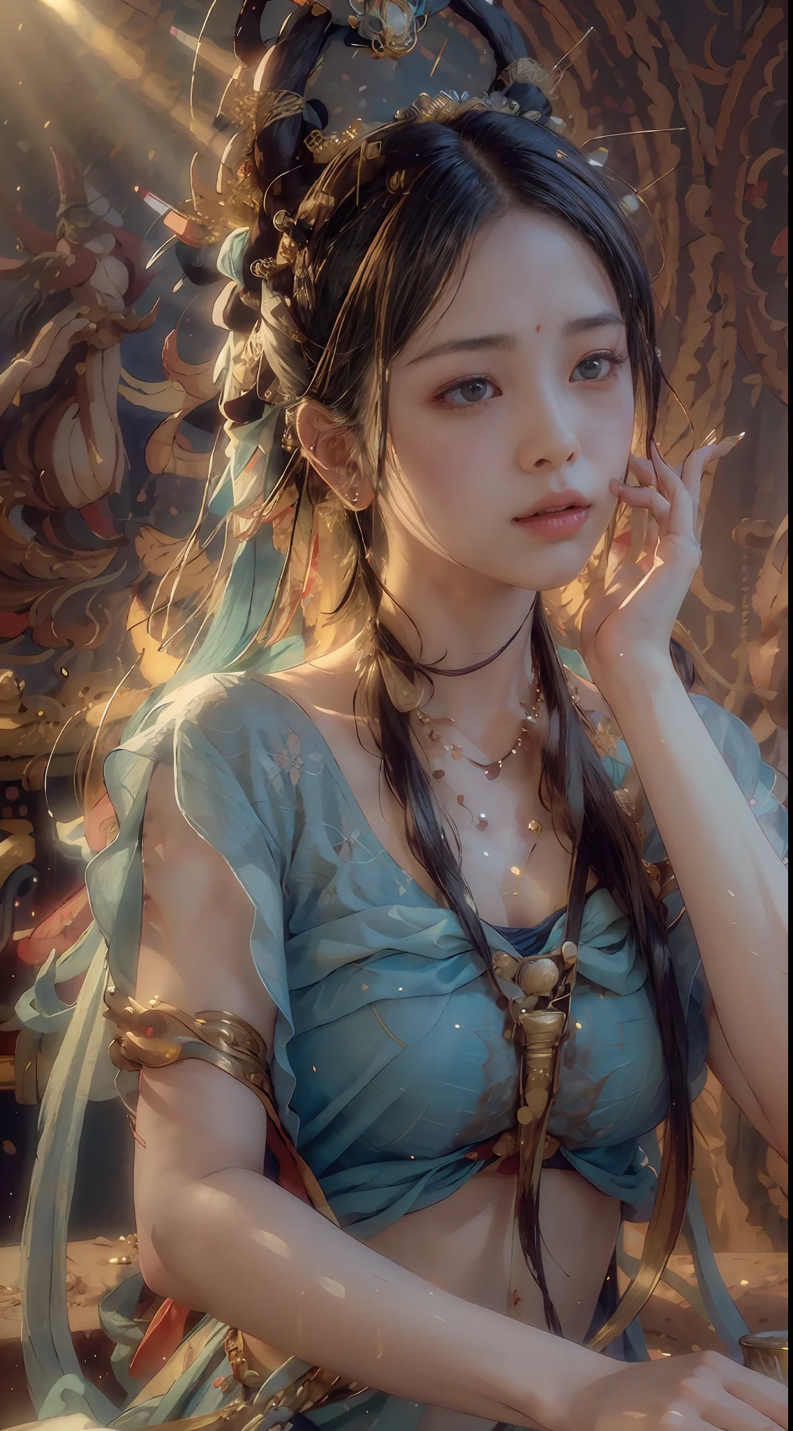 (RAW photo, best quality), (realistic, photo-realistic:1.3),best quality,highly detailed,masterpiece,ultra-detailed,illustration,1girl,upper_body,dynamic angle,world masterpiece theater,messy_long_hair,best quality,extremely detailed CG unity 8k wallpaper,ink,Amazing,cinematic lighting,lens_flare,,dunhuang_style