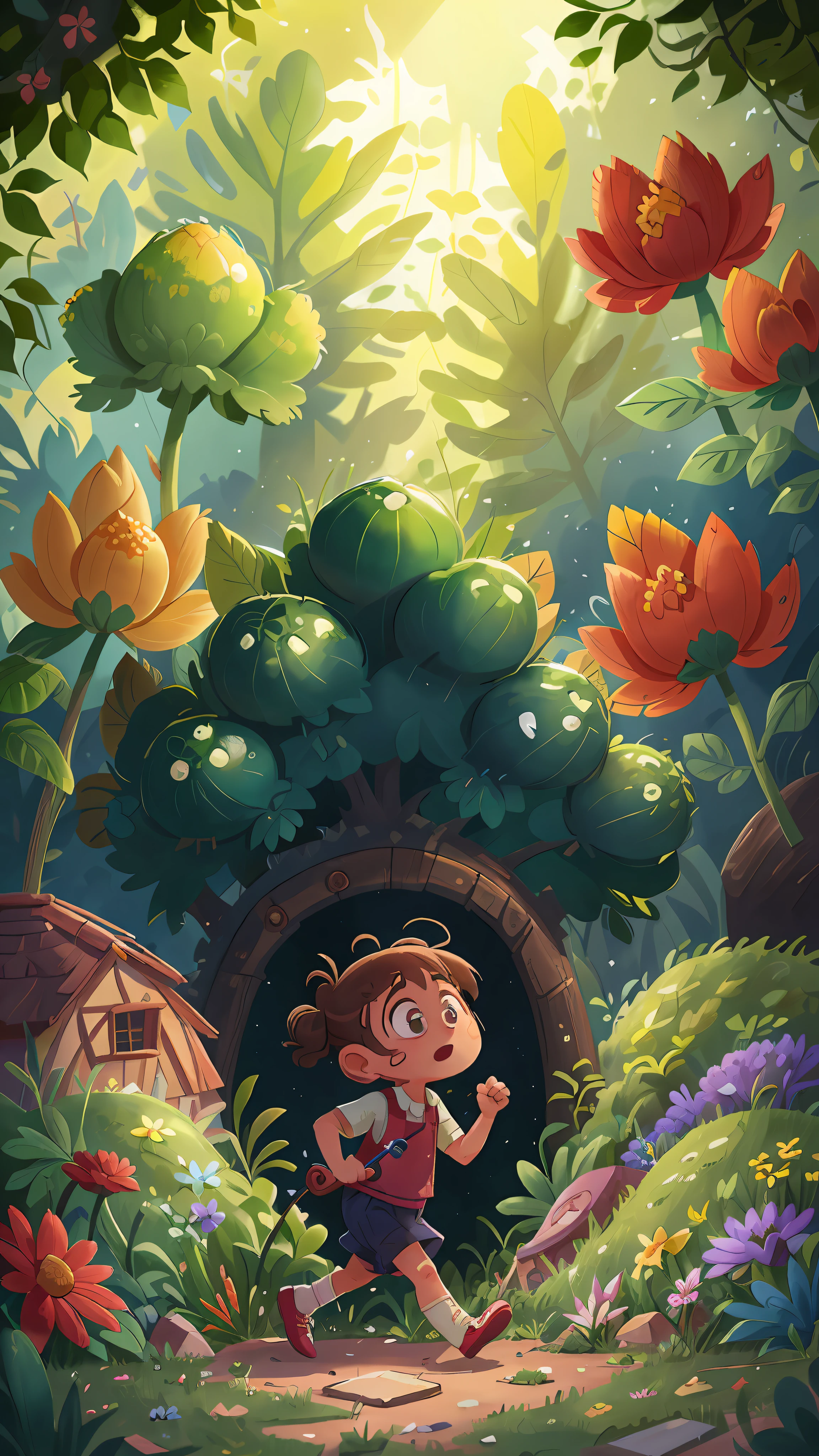 A 6-year-old girl is running in a garden, she is wearing gardener's clothes, is scared, scared, side view of the scene, perfect quality, clear focus (mess - house: 0.8), (masterpiece: 1.2) (Realistic: 1.2) (Bokeh) (Best quality) (Detailed Skin: 1.3) (Intricate Details) (8K) (Eye Detail) (Sharp Focus), (Unhappy)