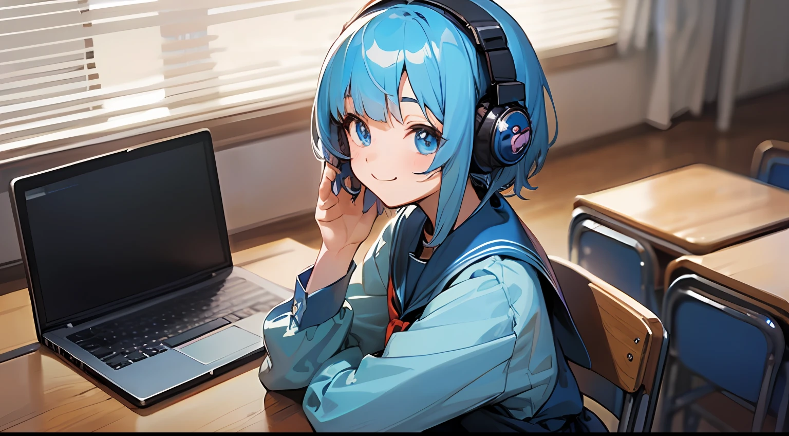 Anime girl with headphones sitting on laptop table, lofi-girl、Upper body, mid-shot, femele, Detailed eyes, ((Anime girl sitting at laptop table)), , Short hair, Blue hair, Bangs,school classrooms,Dark blue uniform, Long sleeves,、frontage、 Smiling smile