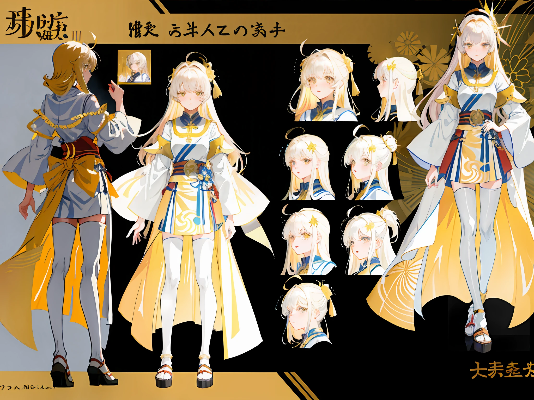 highr，golden outfit，cabellos largos dorados，Golden eyes，standing on your feet，One hand crosses the waist，Chinese girl design，Genshin detailed art，Anime character design，anime concept art，pretty anime character design，anime character reference sheet，[character  design]，