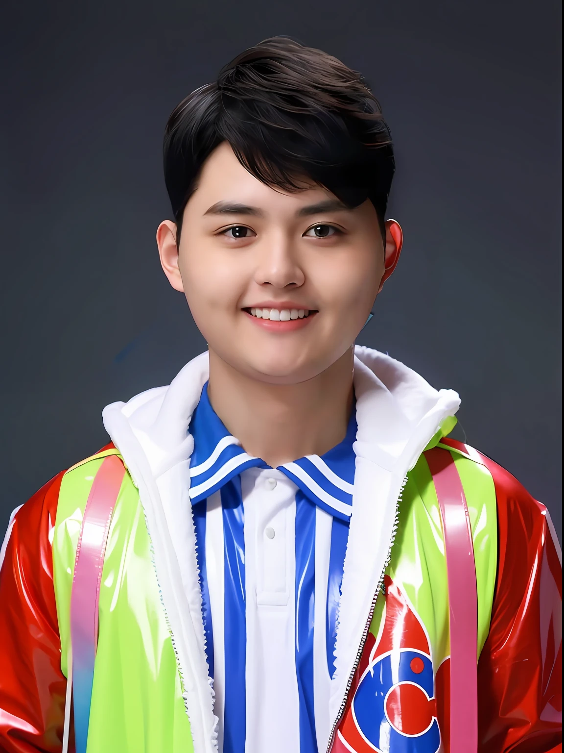 A Chinese male high school student，Wear PVC colored sportswear，wearing hat