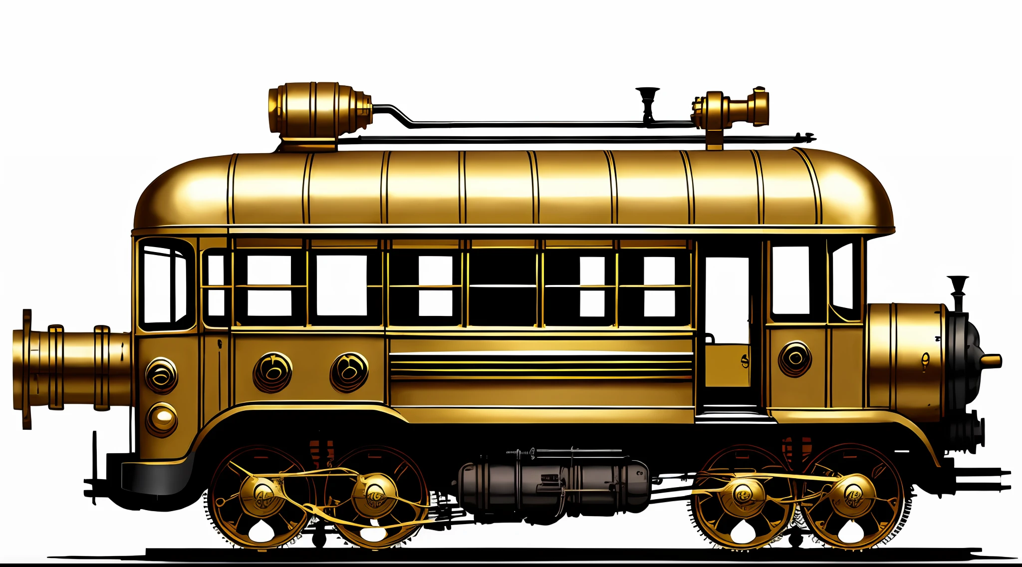school bus、steampunc、from side view、brass、steel、Great photos of pipes、White background