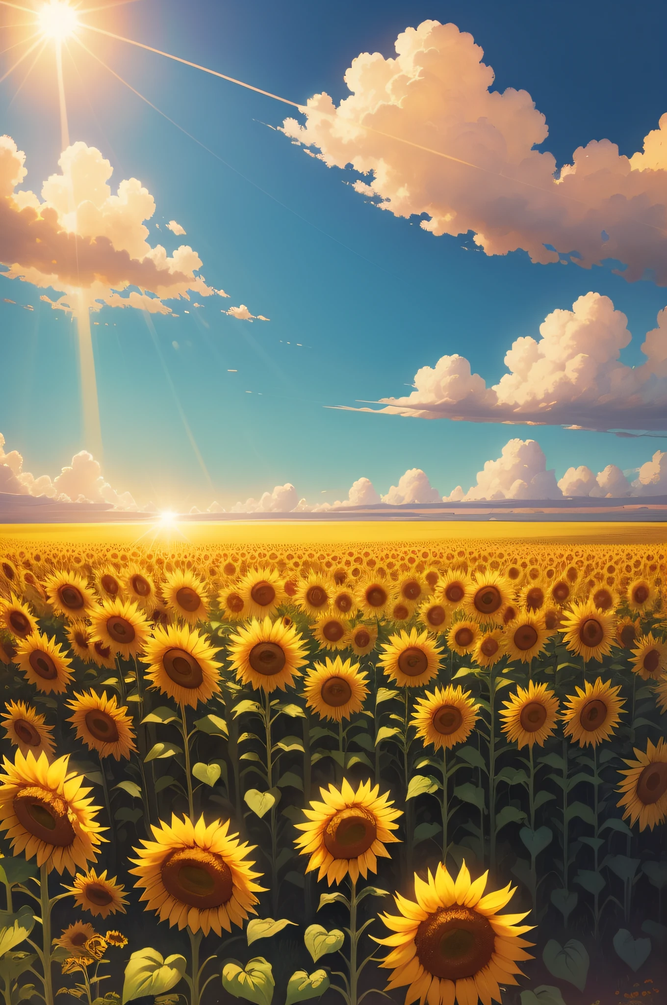 super fine illustration, best quality,
sunflowers in a summer field, golden hues shining, sun's rays enveloping the scene, vast blue sky and green meadows, swaying petals in the gentle breeze, passionate atmosphere of the warm season.