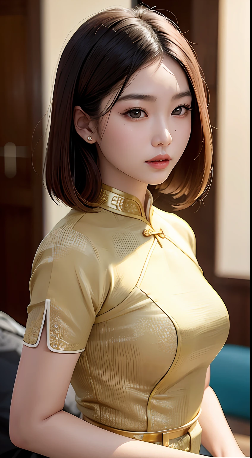 Asian woman, A fashion model, wearing cheongsam, Glamour, paparazzi taking pictures of her, Blonde hair, Brown eyes, 8K, High quality, Masterpiece, Best quality, HD, Extremely detailed, voluminetric lighting, Photorealistic