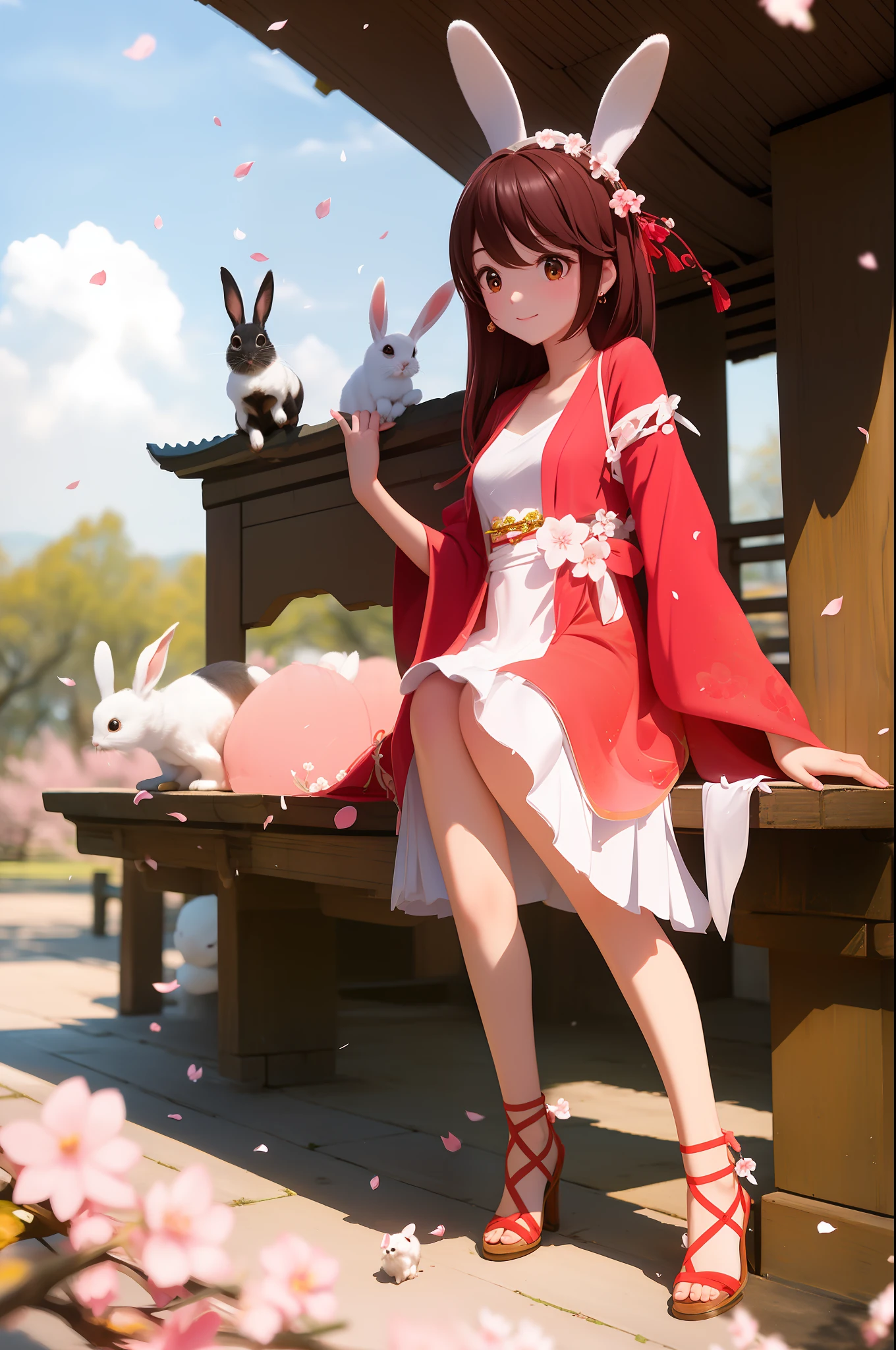 National style，Under the peach blossom tree，There are rabbits around，with petals falling，Look at the sky
