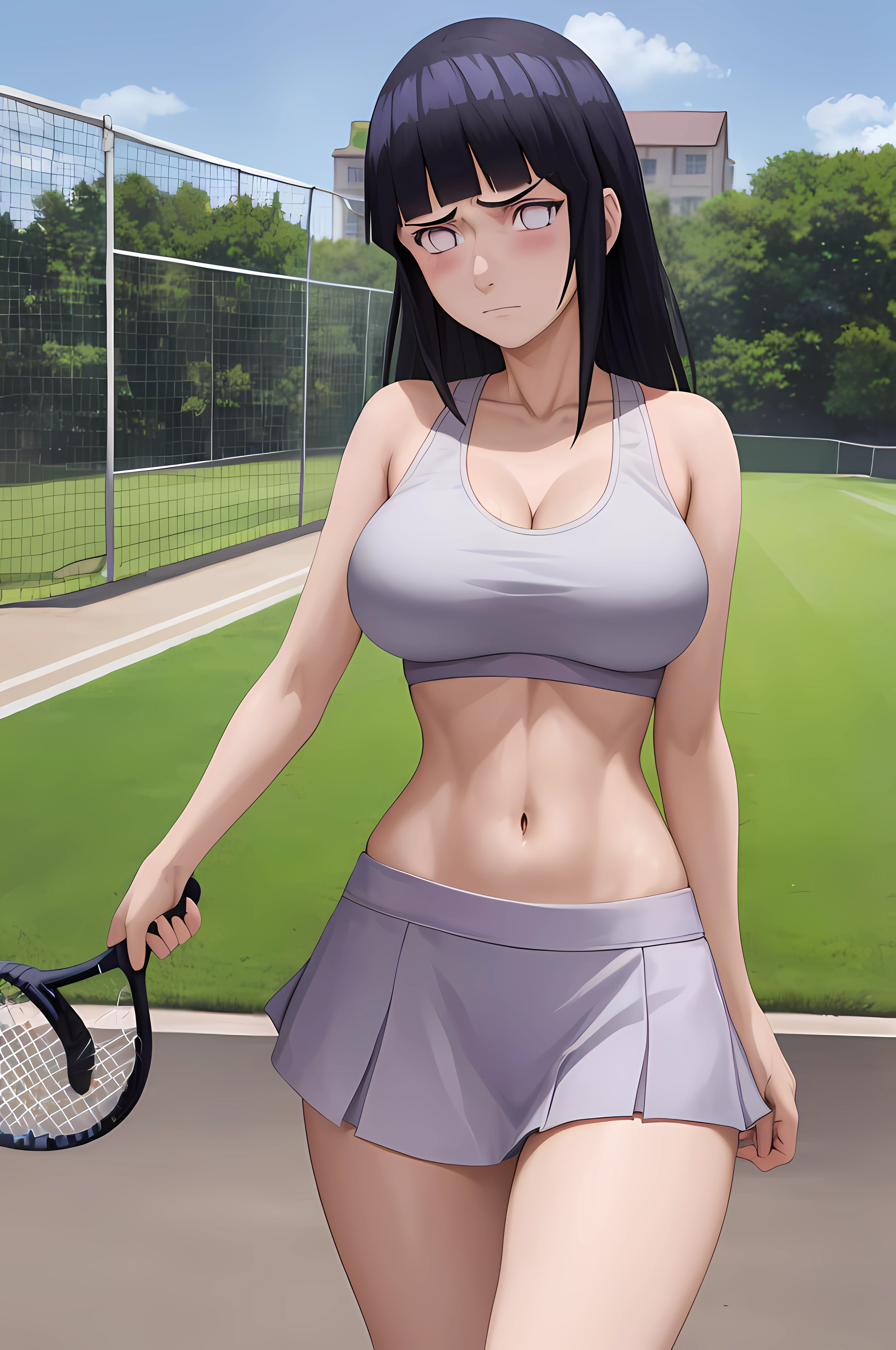 masterpiece, absurdres, 1girl, hinata\(shippuden\), looking at viewer, frown, (sports bra), (miniskirt), (field background), blushing, tennis racket, skinny waist, ((busty)), (thighs), ((large breasts)), perfect boobs, perfect body