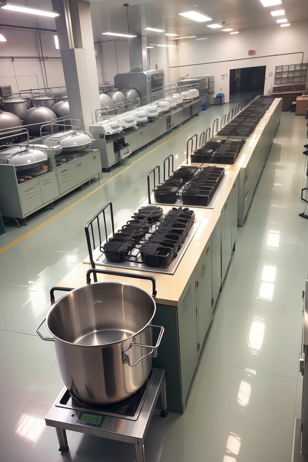 inside factory,Kitchenware assembly line,The brand name is Anycooker,Display kitchenware