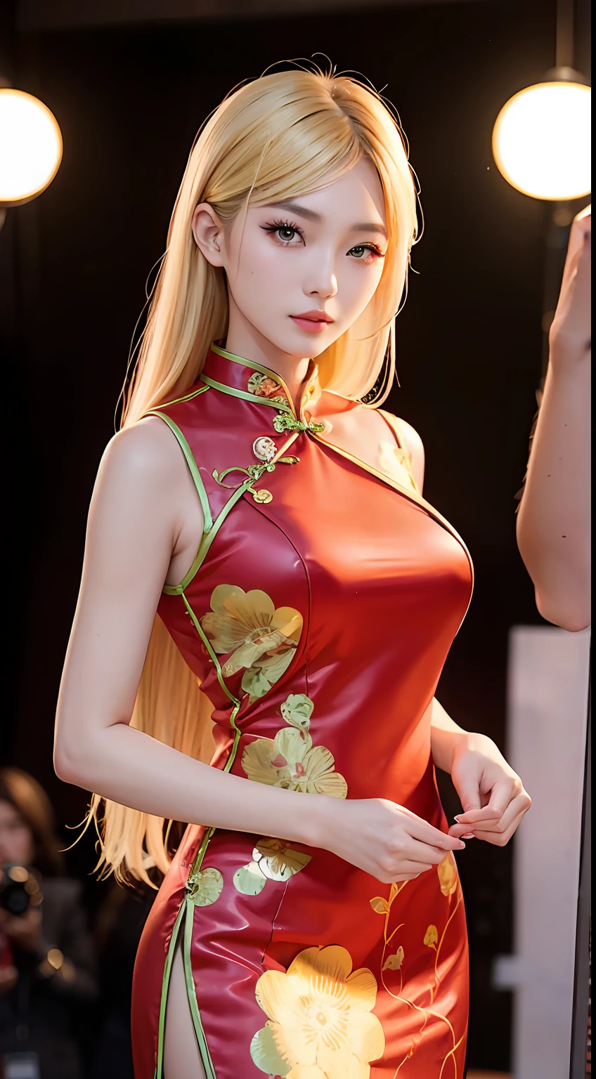 Asian woman, A fashion model, wearing cheongsam, Glamour, paparazzi taking pictures of her, Blonde hair, Brown eyes, 8K, High quality, Masterpiece, Best quality, HD, Extremely detailed, voluminetric lighting, Photorealistic