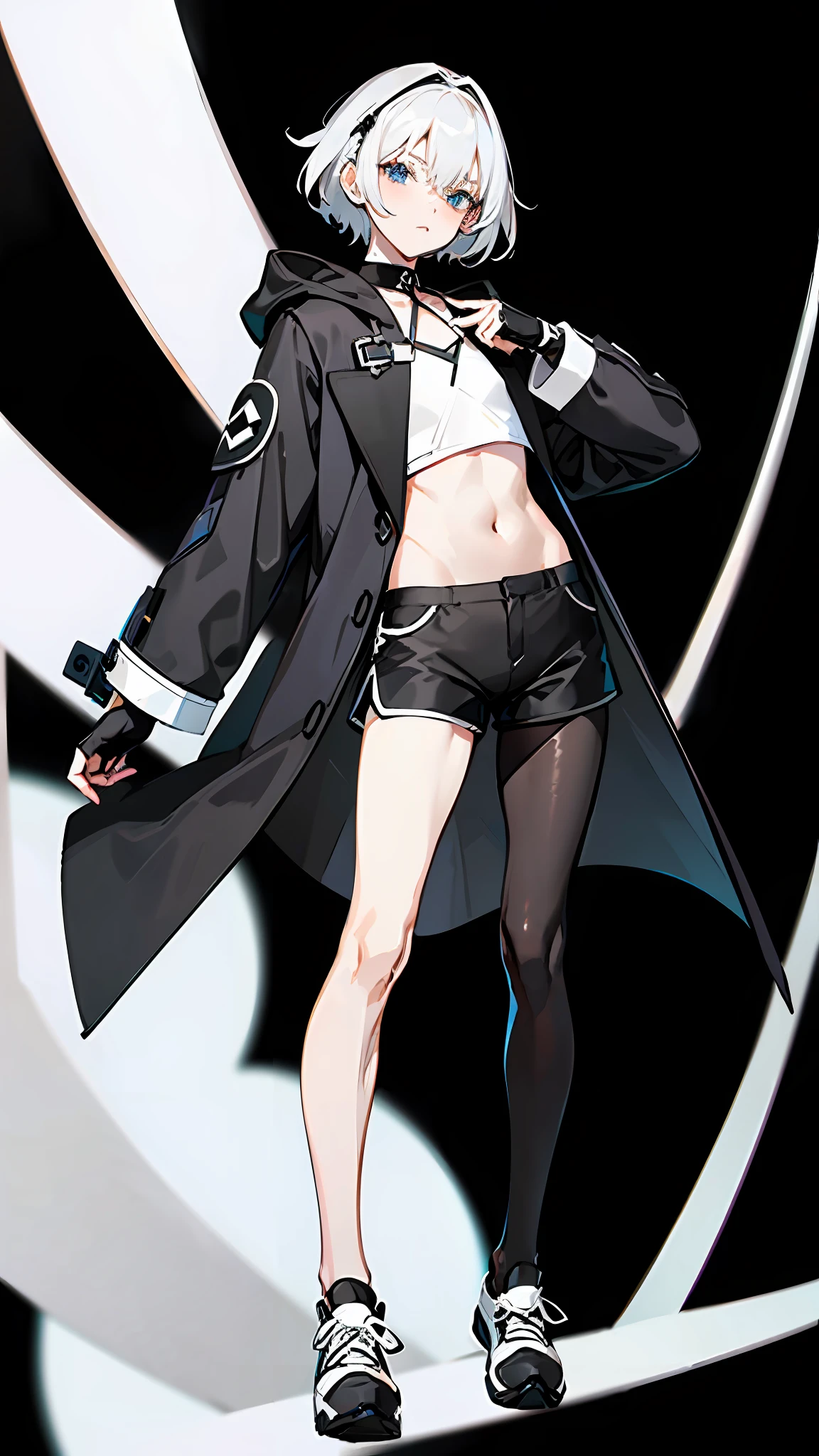 Masterpiece, Best quality, Solo,Boy, Pantyhose, White hair,Short hair, White shirt,(Black shorts:1.5), blackfootwear, full bodyesbian, Black pantyhose, shirt, Shorts, Coat, Open coat, view the viewer, Hood, Sneakers, Open clothes, Black coat, (Flat chest:1.7), No breasts,Long sleeves, bangs, Fingerless gloves, Short hair, hair between eye,Black background