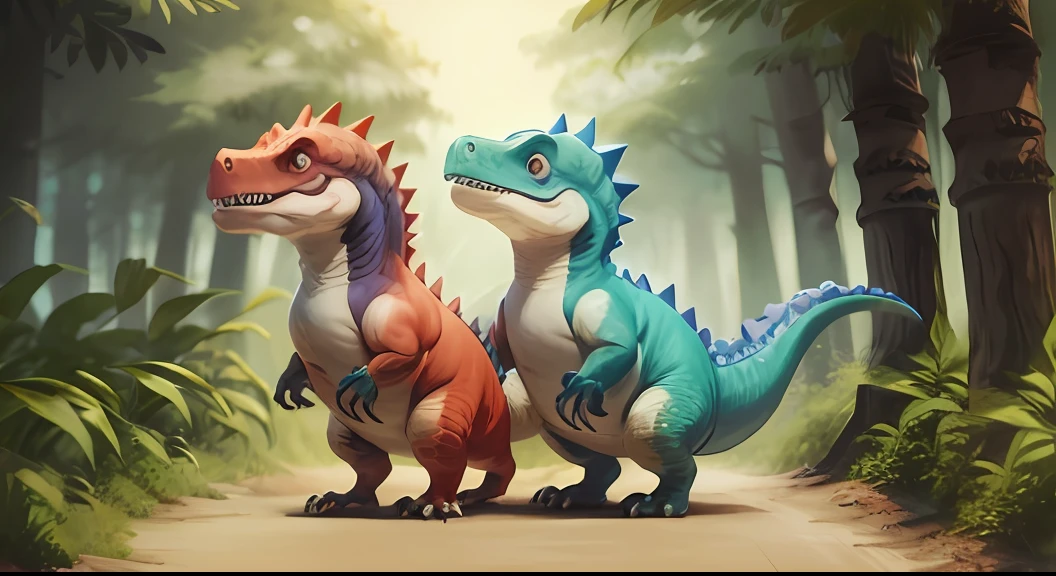 Two dinosaurs standing in the middle of the forest, reptoids, lovely digital painting, dinosaurs, raptors, author:Adam Maczynski, trending on polycount, Cute detailed digital art, digital painting highly detailed, trex dinosaur, Stylized 3 D, super detailed color lowpoly art, inspired by Abidin Dino, alosaurus