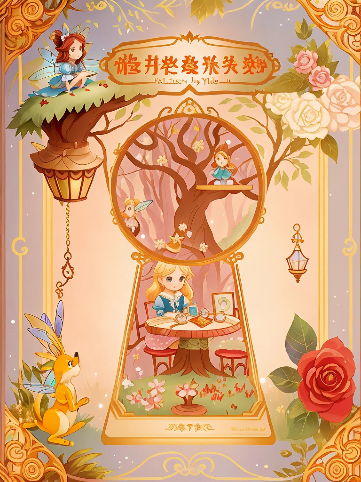 Fairy tale book cover、alice in the wonderland、style of disney animation、Tree holes、Alice falls into a tree hole、ln the forest、table light、mirrors、playingcards、bookshelves、key、A gateway to dreams、