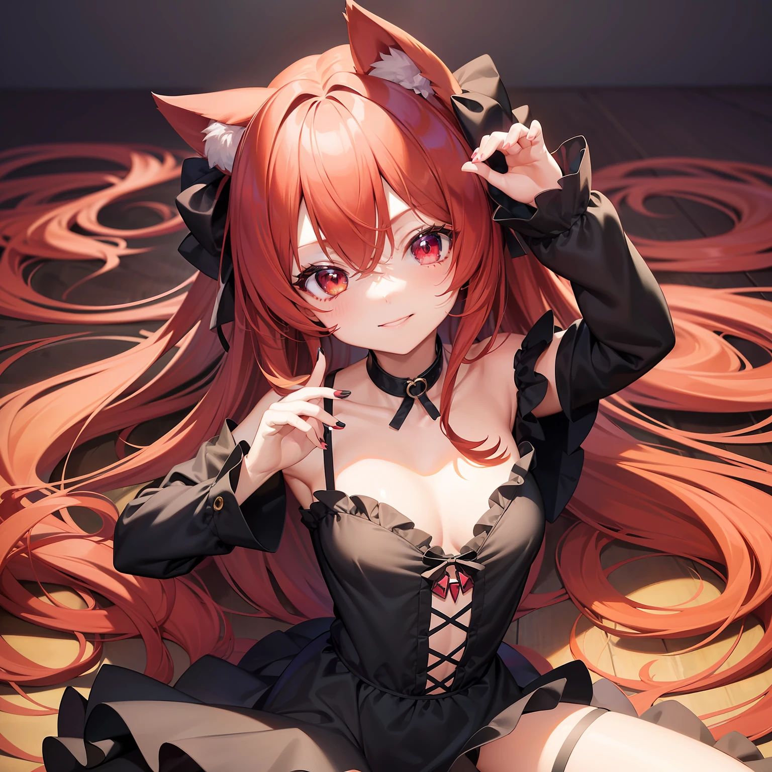 Anime filling,Two-dimensional illustration,Red hair,Half Twin Tail,shorth hair,Big eyes,A smile,a beauty girl,cute little,Super Cute,Black cat ears,Red Eyes,Ruffled Clothes,Black lace clothes,Inner colorGreen,One girl,Full body painting,A masterpiece of 2D art,(masterpiece,Top image quality:1.3),(detaile:1.2),(女の子1人)