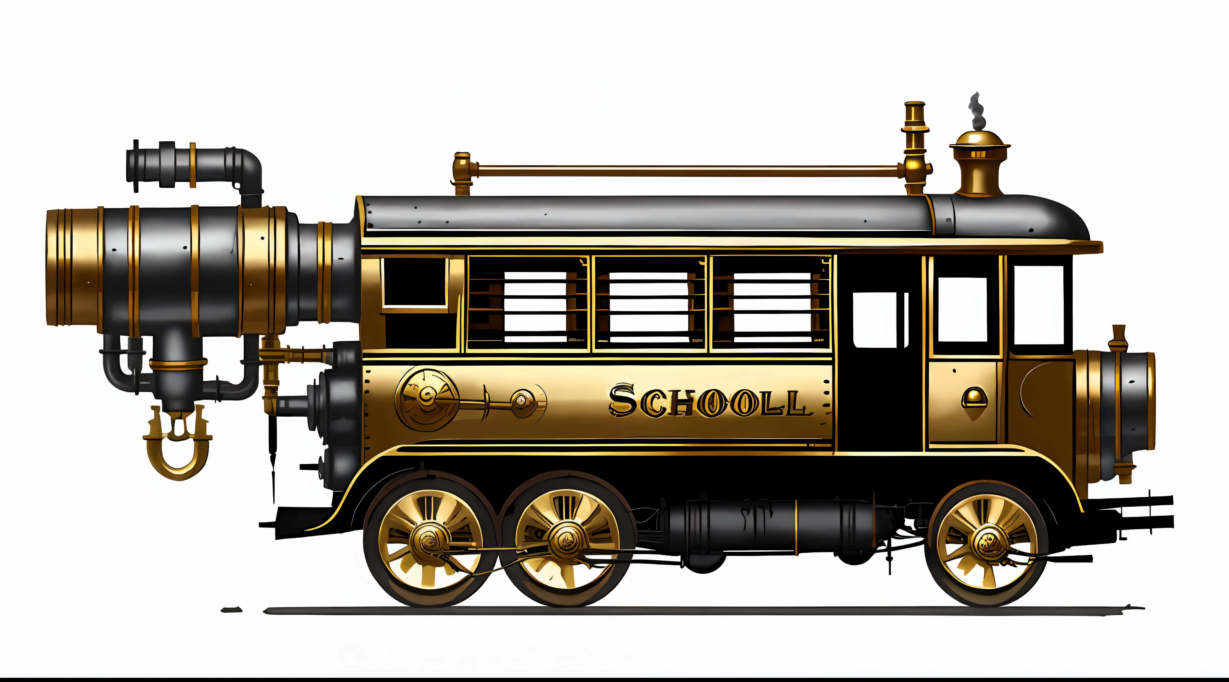 school bus、steampunc、from side view、brass、steel、Great photos of pipes、White background