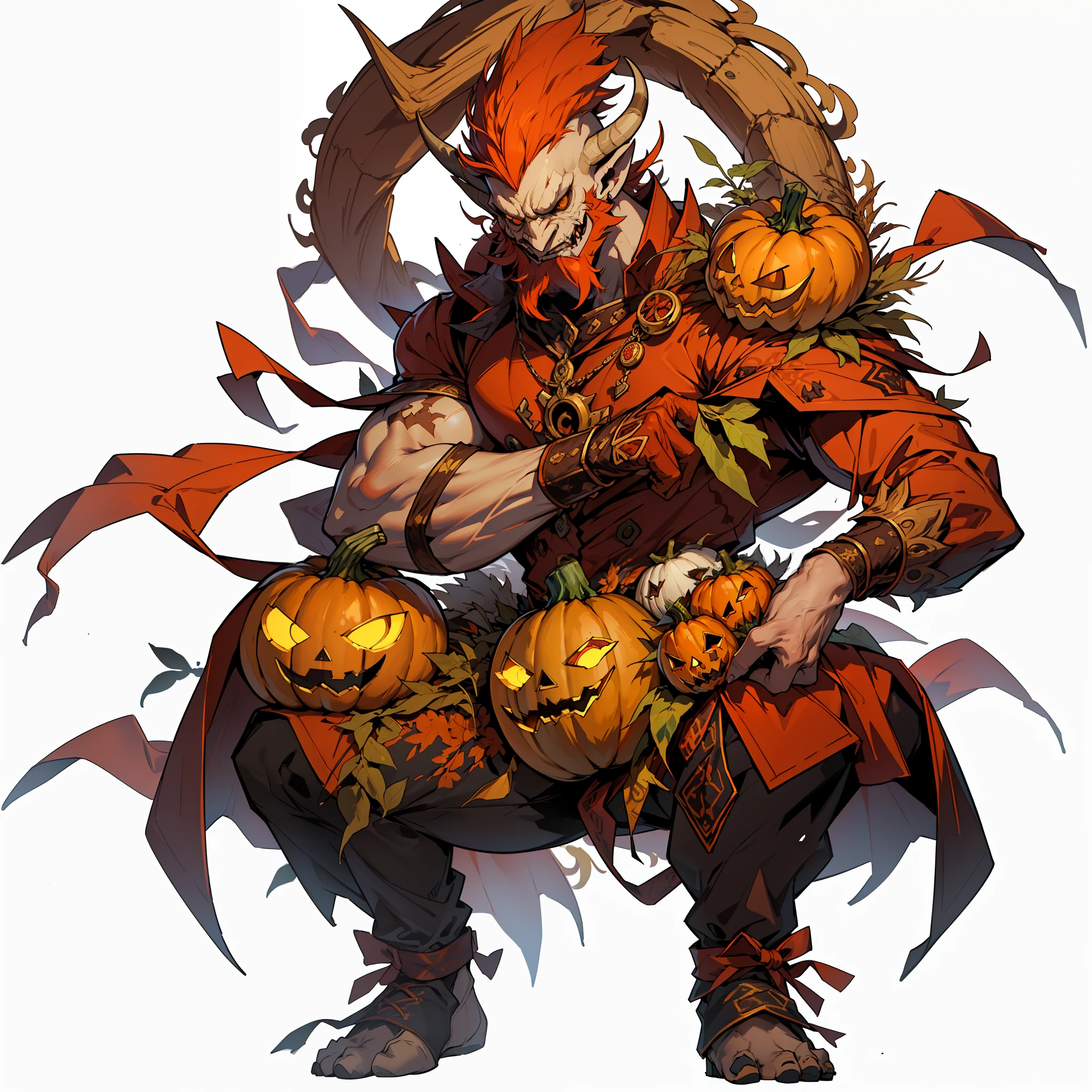 ((top-quality))、((tmasterpiece))、((Full body photo of a man))、((very simple background))、(Game character design)、Pumpkin anthropomorphic monster、monster design，soloist，(Pumpkin element clothes，Pumpkin garnish）、Cartoony、Beastman、Ornaments with pumpkin motifs，独奏、Fighting posture