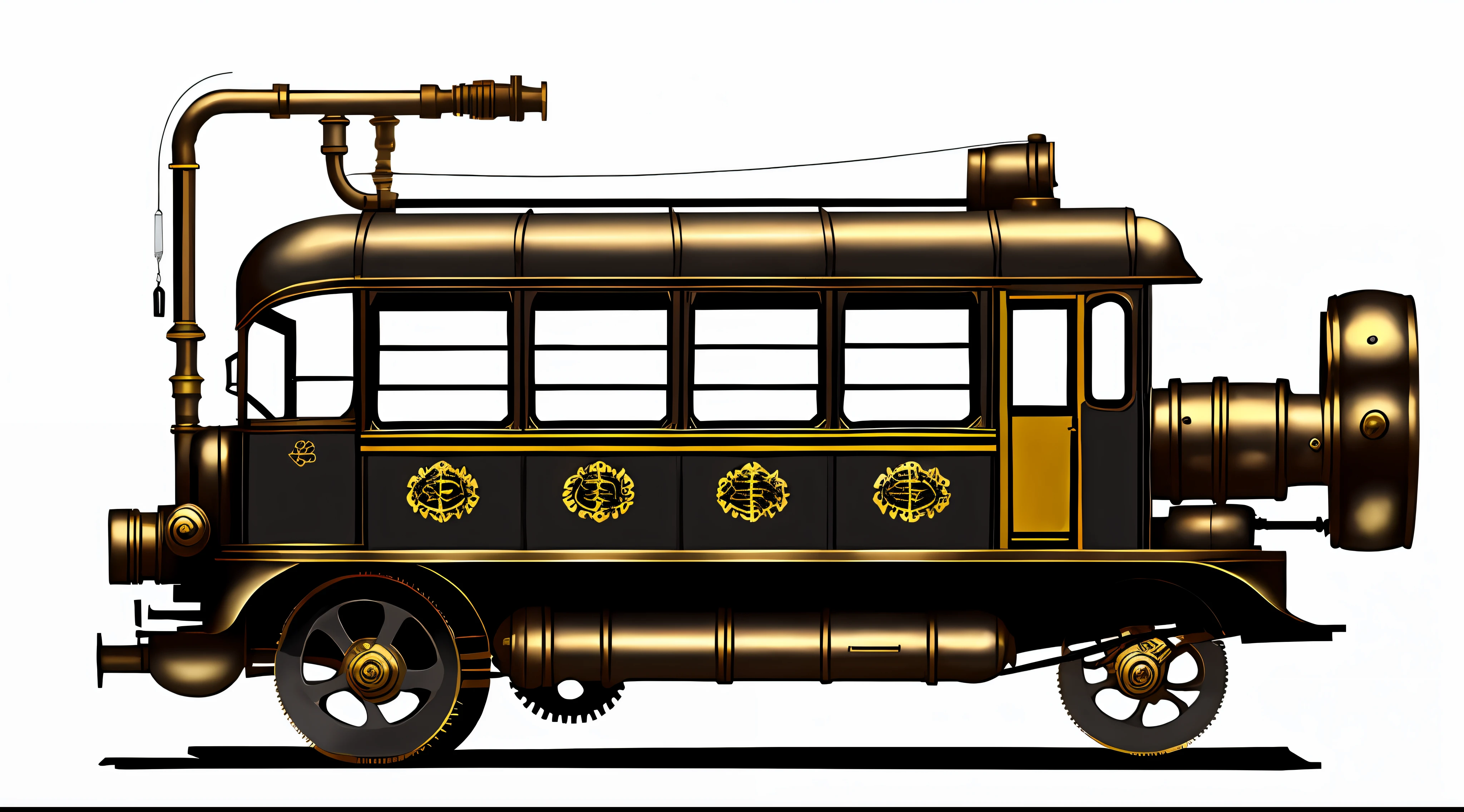 school bus、steampunc、from side view、brass、steel、Great photos of pipes、White background