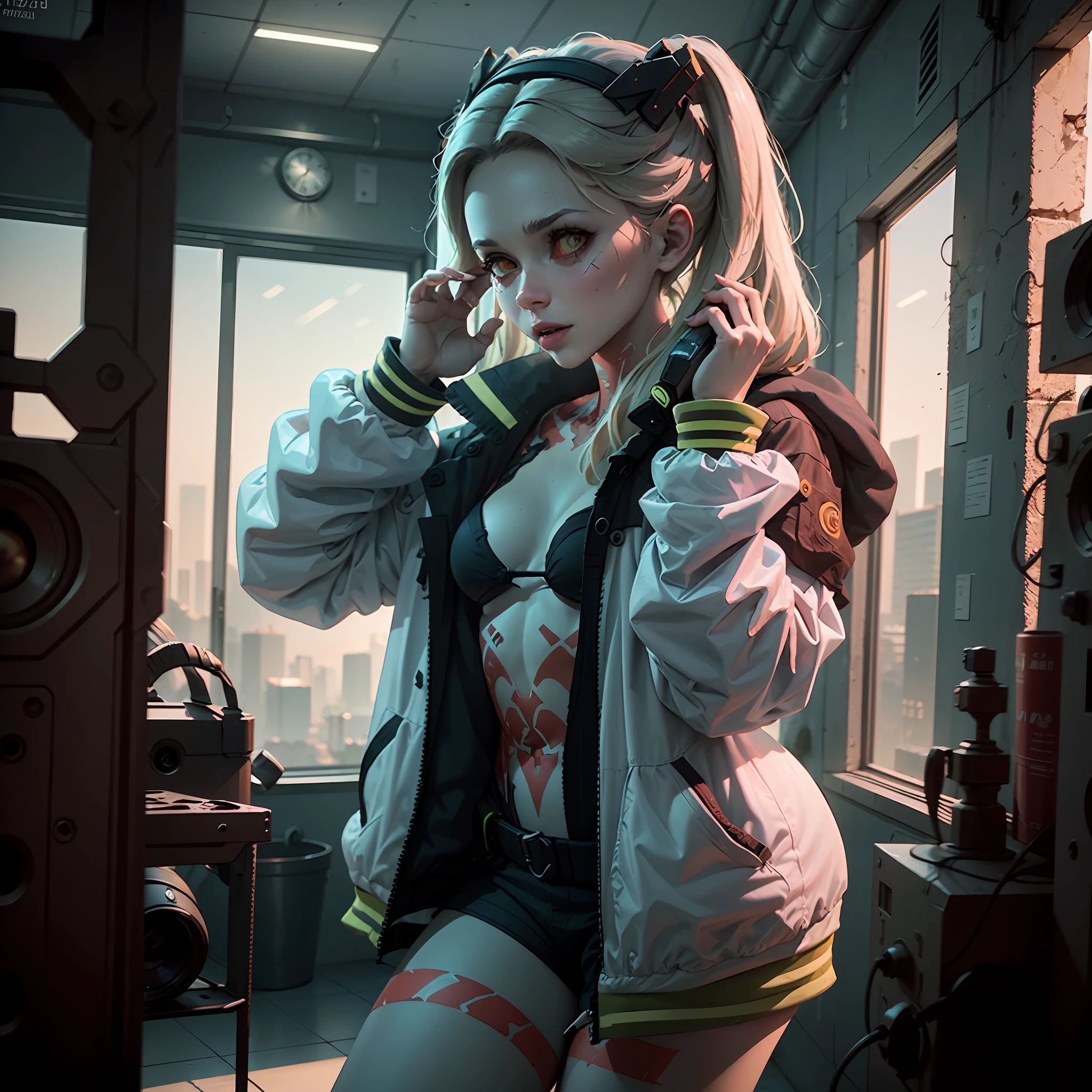 ((Best quality)), ((masterpiece)), (detailed:1.4), 3D, HDR (High Dynamic Range),Ray Tracing,NVIDIA RTX,Super-Resolution,Unreal 5,Subsurface scattering,PBR Texturing,Post-processing,Anisotropic Filtering,Depth-of-field,Maximum clarity and sharpness,Multi-layered textures,Albedo and Specular maps,Surface shading,Accurate simulation of light-material interaction,Perfect proportions,Octane Render,Two-tone lighting,Wide aperture,Low ISO,White balance,Rule of thirds,8K RAW, Rebecca, cyberpunk