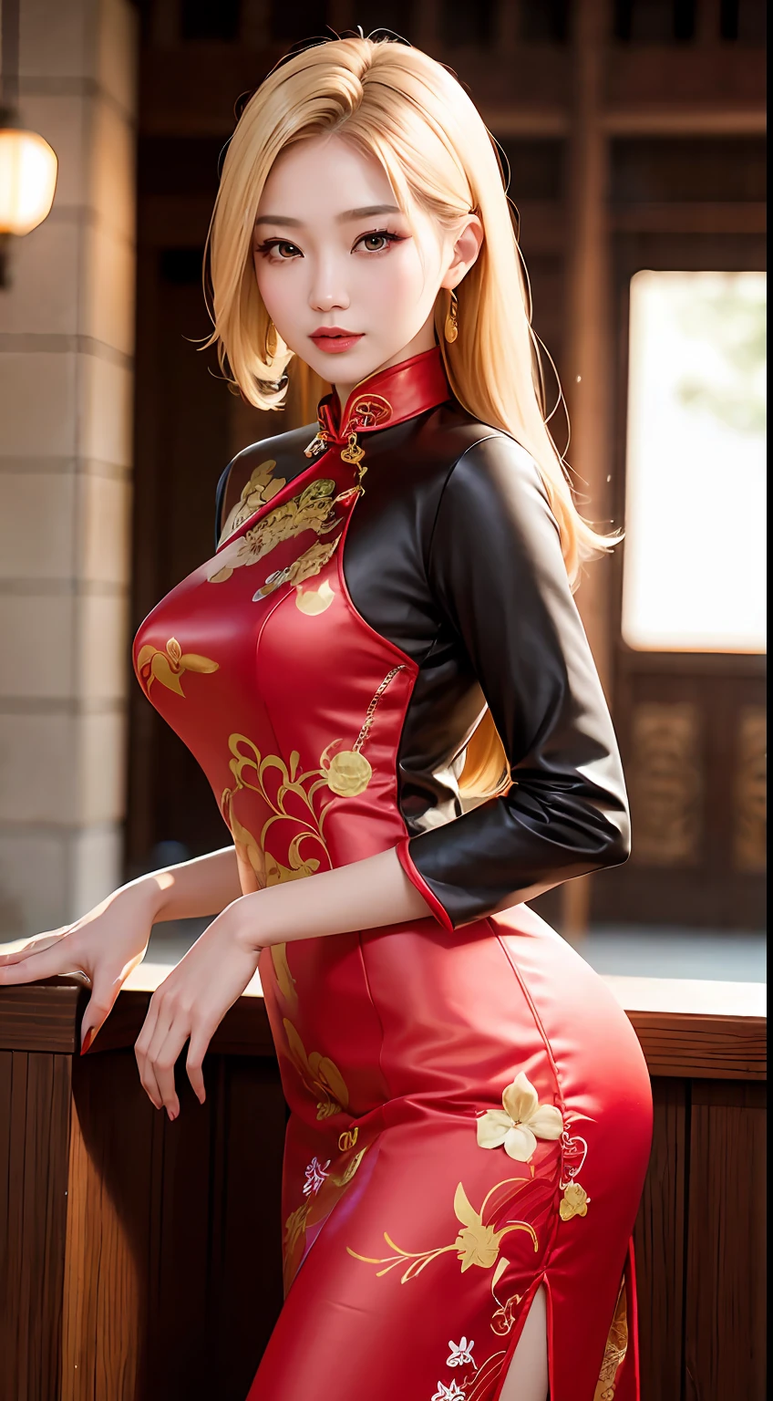 Asian woman, A fashion model, wearing  cheongsam, Glamour, paparazzi taking pictures of her, Blonde hair, Brown eyes, 8K, High quality, Masterpiece, Best quality, HD, Extremely detailed, voluminetric lighting, Photorealistic