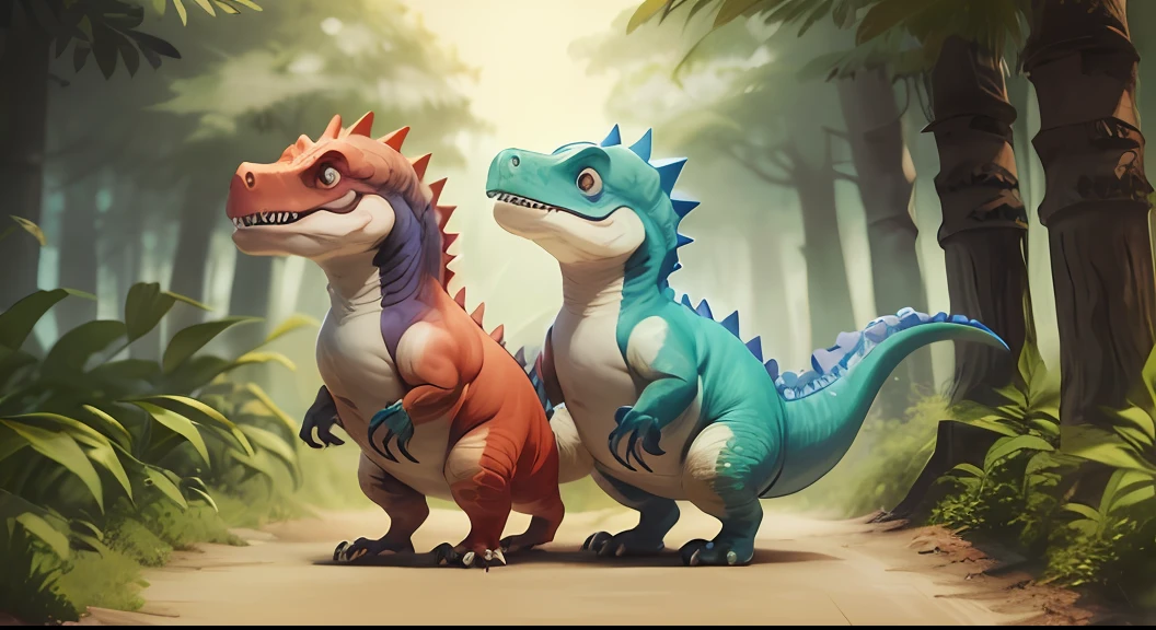 Two dinosaurs standing in the middle of the forest, reptoids, lovely digital painting, dinosaurs, raptors, author：Adam Maczynski, trending on polycount, Cute detailed digital art, digital painting highly detailed, trex dinosaur, Stylized 3 D, super detailed color lowpoly art, inspired by Abidin Dino, alosaurus