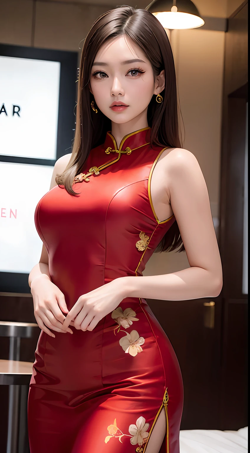 Asian woman, A fashion model, wearing  cheongsam, Glamour, paparazzi taking pictures of her, Blonde hair, Brown eyes, 8K, High quality, Masterpiece, Best quality, HD, Extremely detailed, voluminetric lighting, Photorealistic