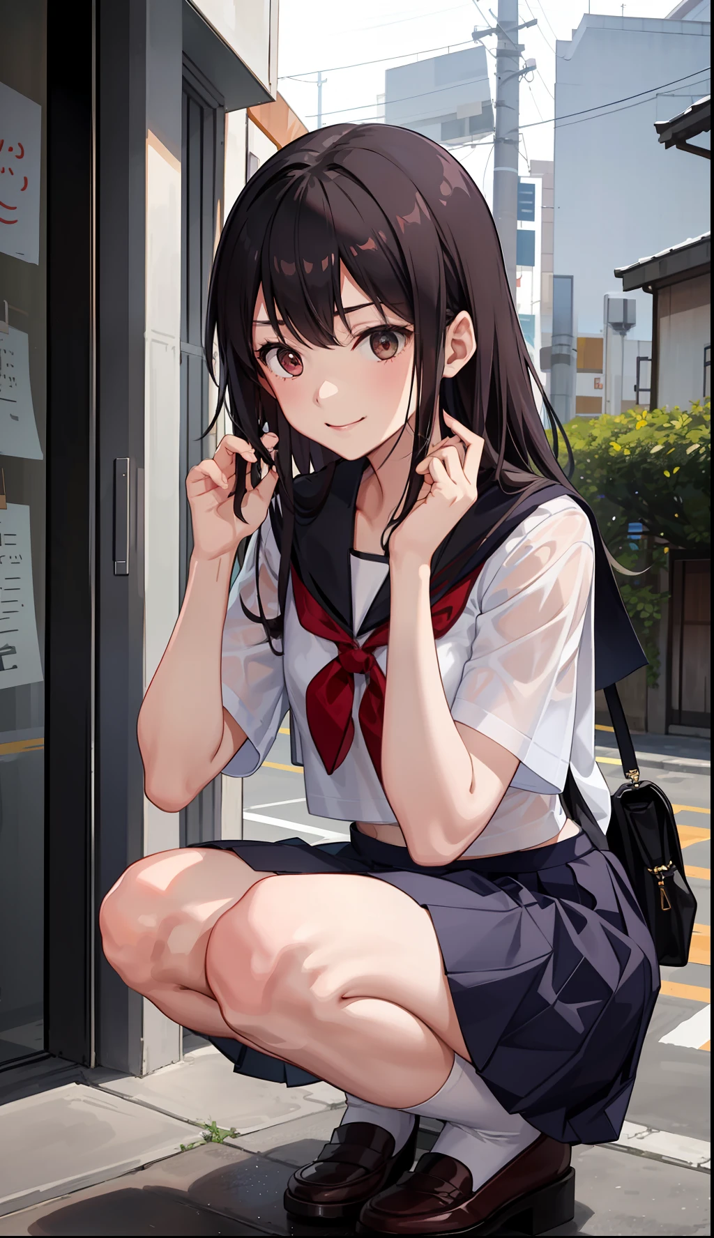 1girl in、A smile、The shirt、skirt by the、(small tits)Chilarism、Japan High School Student Uniform、serafuku、summer clothing、Squall Drenched Uniform、(Sheer Bra)、Upper body portrait、Squatting panchira、