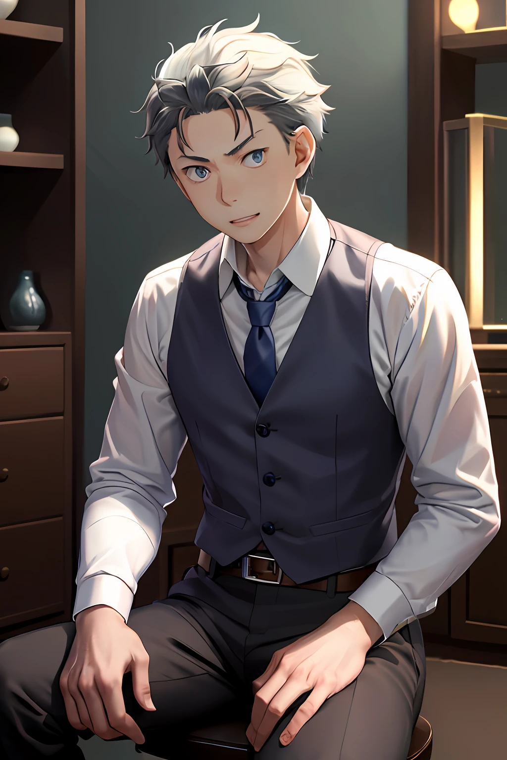 （1 Adult male），A high resolution， Sharp focus， Pixiv masterpiece， （（Complicated details））， highly  detailed， natsuki_subaru， 1 man， with her mouth open，full bodyesbian，sit astride， Blue eyes（glowing light eyes）， with short white hair，white  shirt，Wear a tie，Wear a belt，perspire，look from down