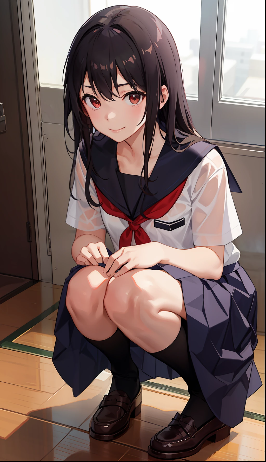 1girl in、A smile、The shirt、skirt by the、(small tits)Chilarism、Japan High School Student Uniform、serafuku、summer clothing、Squall Drenched Uniform、(Sheer Bra)、Upper body portrait、Squatting panchira、