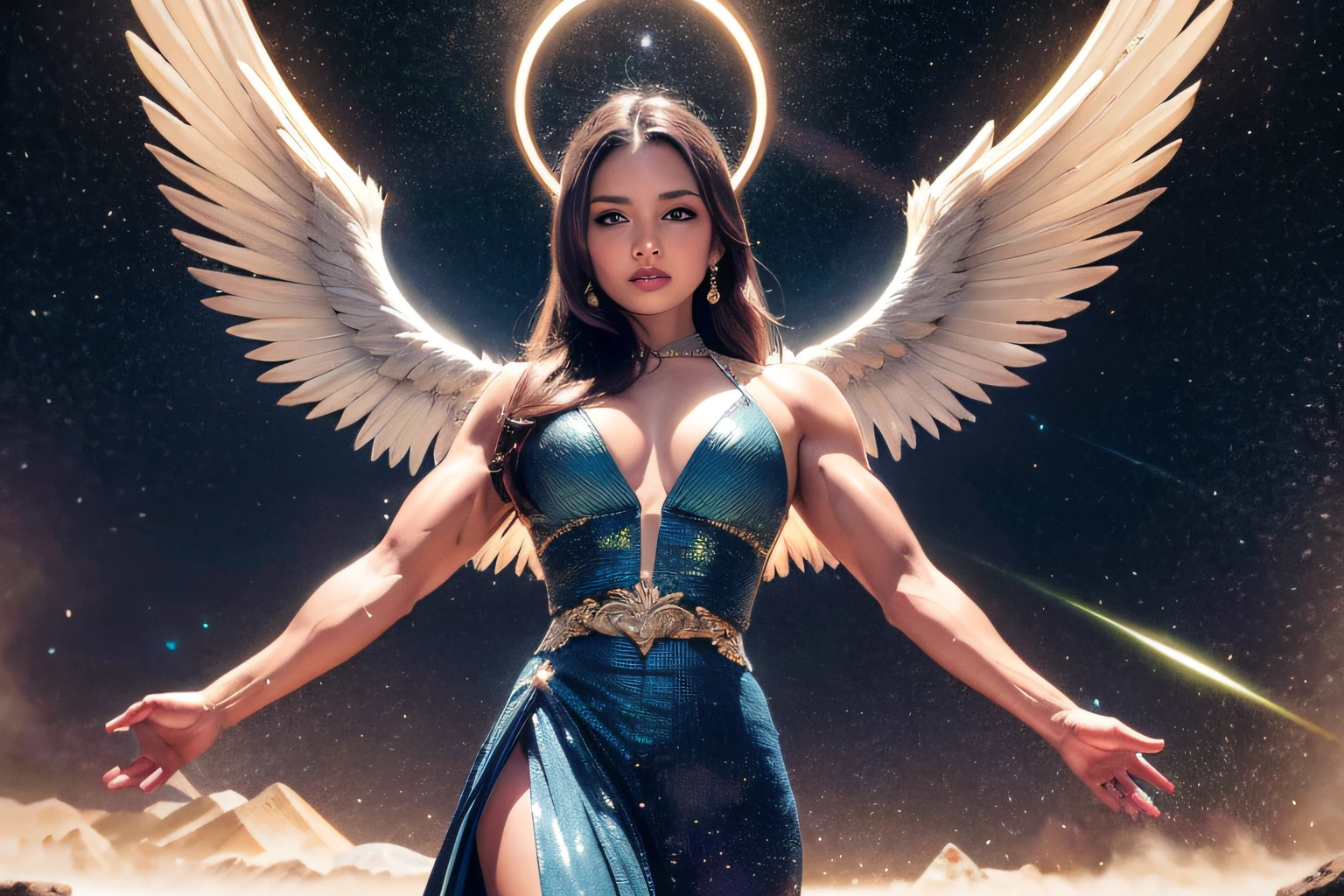 Best quality, Masterpiece, Full shot, full bodyesbian, Hip level shot (Beautiful wizard in a gorgeous blue-gold dress) 1girll, Brown hair, Blue eyes, Long hair, Float above rocky desert mesas, posing on a, power pose, Halo, Golden_Glow (White angel wings:1.1), A haughty expression, Looking into the distance, (Vibrant streaks of rock), (Mountain Tip:1.2), (Flying:1.3) In an intricate and detailed starry sky, Comet and (Psychedelic nebula:1.2) the are In the background, (Ripped:0.3) And a toned body, (Muscular female:1.0), (Night:1.2), (blue hour:0.3) Vivid dark details HDR galaxy background, (god light:0.4), light stre, Side lighting, Vibrant colors (Photorealistic:1.2), (filmgrain:1.0), 《Gravity 2013》Detailed film stills