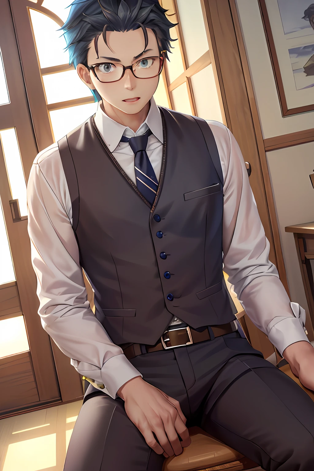 (1 Adult male),A high resolution, Sharp focus, Pixiv masterpiece, ((Complicated details)), highly detailed, natsuki_subaru, 1 man, with her mouth open,full bodyesbian,sit astride, Blue eyes(glowing light eyes), with short white hair,white shirt,Wear a tie,Wear a belt,perspire,look from down