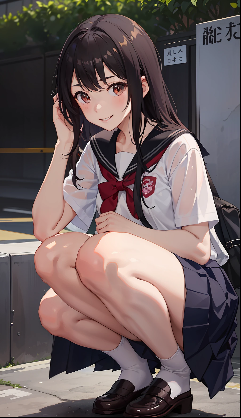 1girl in、A smile、The shirt、skirt by the、（small tits）Chilarism、Japan High School Student Uniform、serafuku、summer clothing、Squall Drenched Uniform、（Sheer Bra）、Upper body portrait、Squatting panchira、