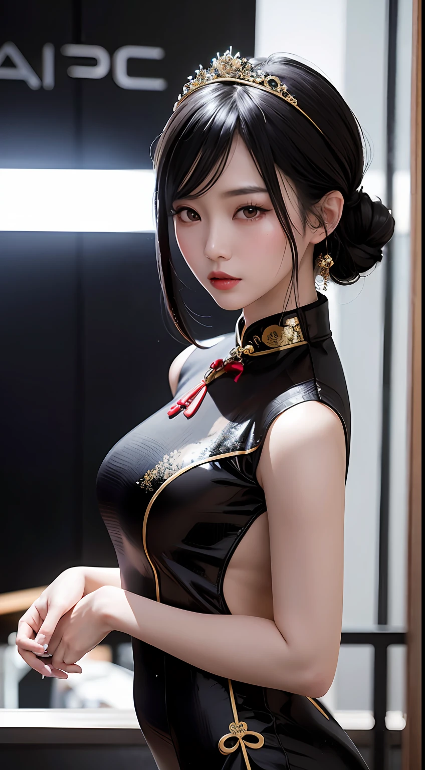 Asian woman, A fashion model, wearing cheongsam, Glamour, paparazzi taking pictures of her, Black hair, 黑The eye, 8K, High quality, Masterpiece, Best quality, HD, Extremely detailed, voluminetric lighting, Photorealistic