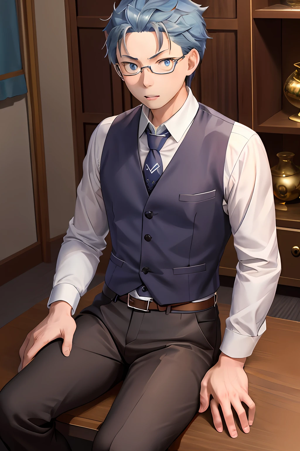 (1 Adult male),A high resolution, Sharp focus, Pixiv masterpiece, ((Complicated details)), highly detailed, natsuki_subaru, 1 man, with her mouth open,full bodyesbian,sit astride, Blue eyes(glowing light eyes), with short white hair,white shirt,Wear a tie,Wear a belt,perspire,look from down