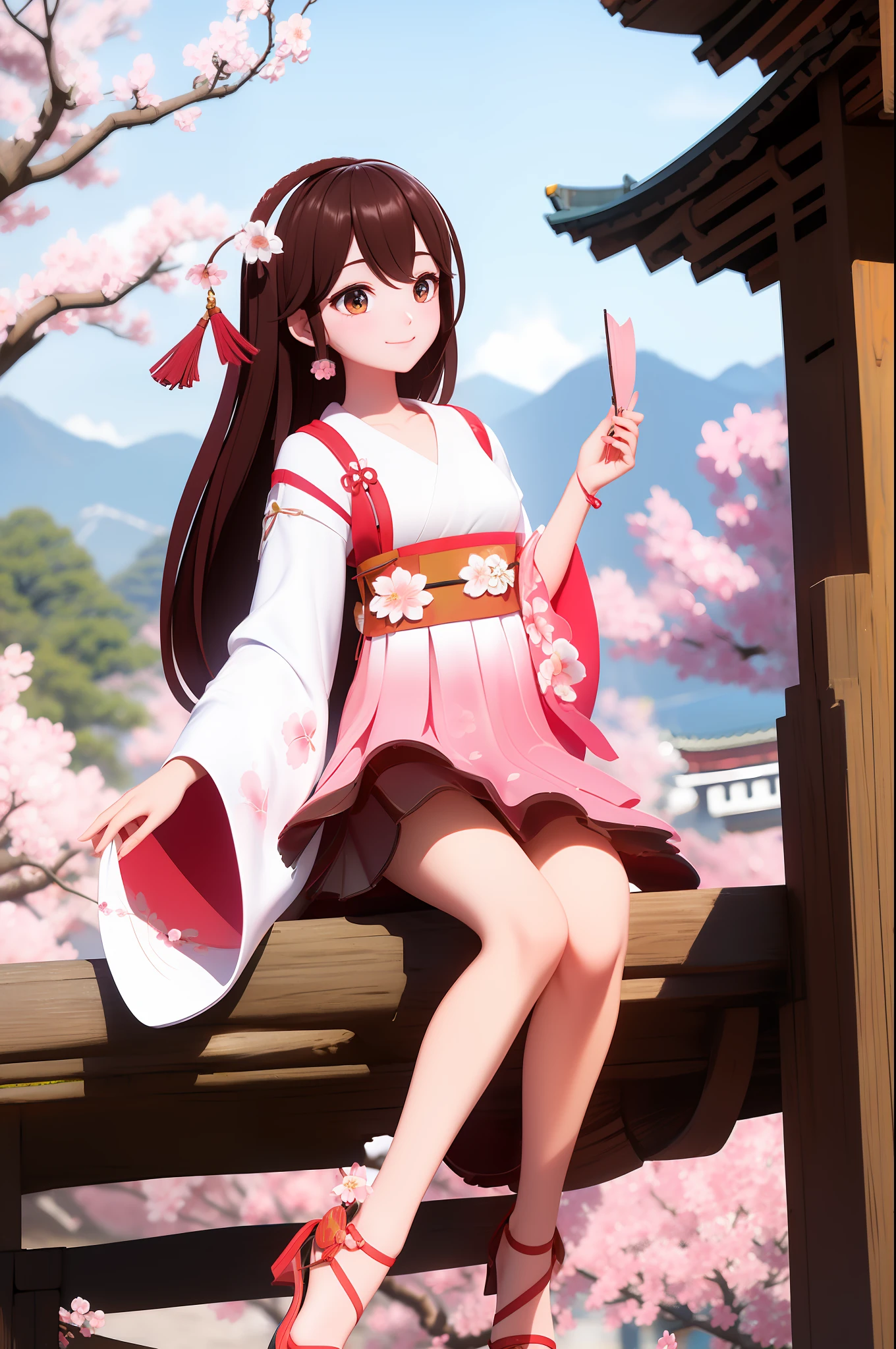 folding fan，Under the peach blossom tree