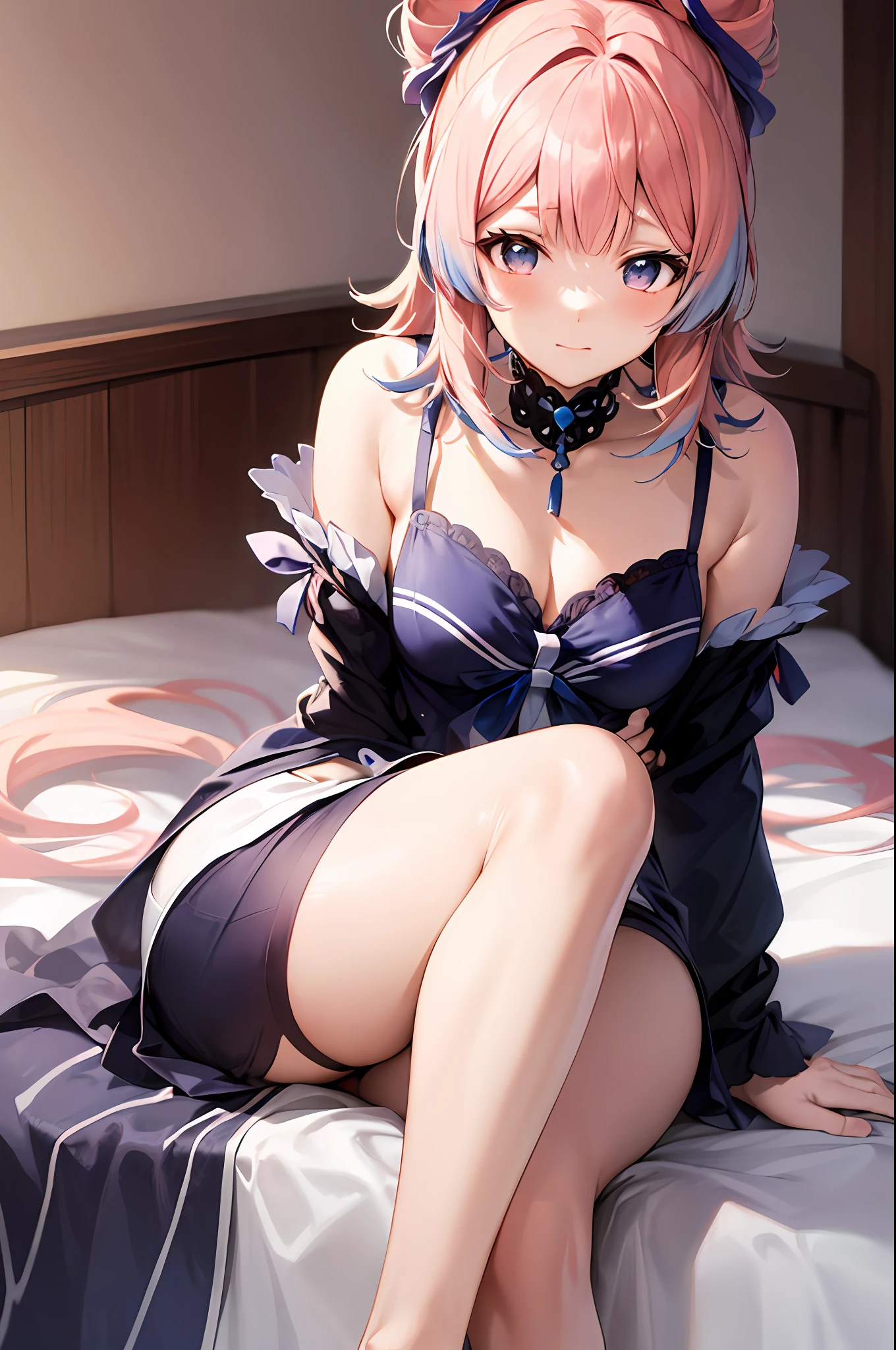 anime girl sitting on a bed with her legs crossed, seductive anime girl, pink hair, attractive anime girl, cute anime girl, anime girl, sitting on her bed, (anime girl), anime best girl, sitting on a bed, sitting on the bed, an anime girl, pretty anime girl