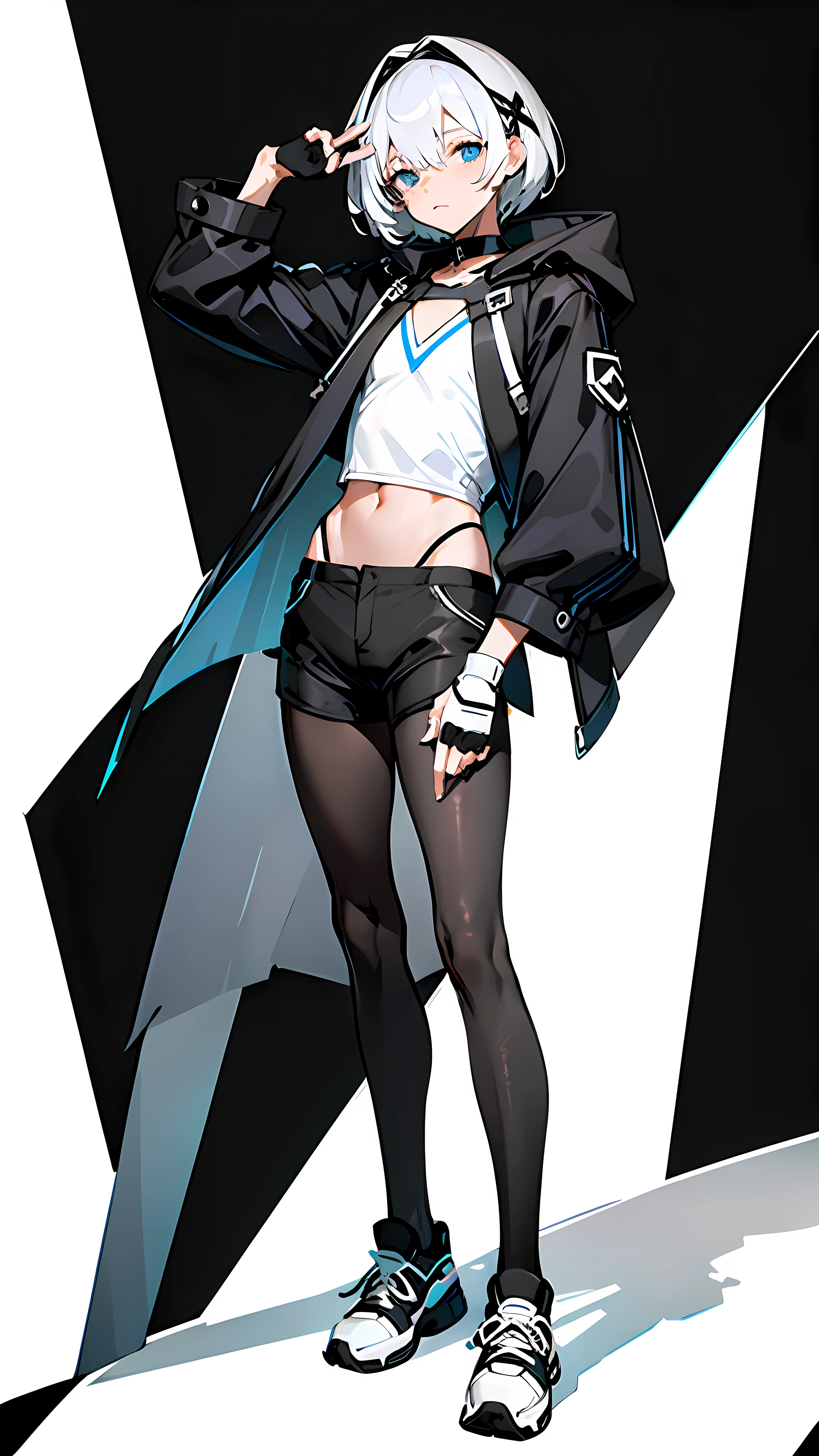 Masterpiece, Best quality, Solo,Boy, Pantyhose, White hair,Short hair, White shirt,(Black shorts:1.5), blackfootwear, full bodyesbian, Black pantyhose, shirt, Shorts, Coat, Open coat, view the viewer, Hood, Sneakers, Open clothes, Black coat, (Flat chest:1.7), No breasts,Long sleeves, bangs, Fingerless gloves, Short hair, hair between eye,Black background