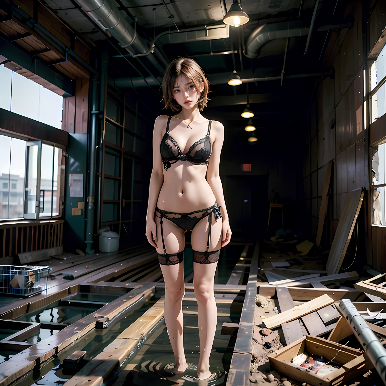 Abandoned construction sites，Sexy standing pose，Random sexy lingerie，Exposing the genitals ，best qualtiy，full-body portraits（1：1），18 years old girls，lean and slender body，Skinny，Smaller bust，The barefoot，Leaky ，Leakage of all breasts，Naked all over the body，facing to audience，Resident Evil
