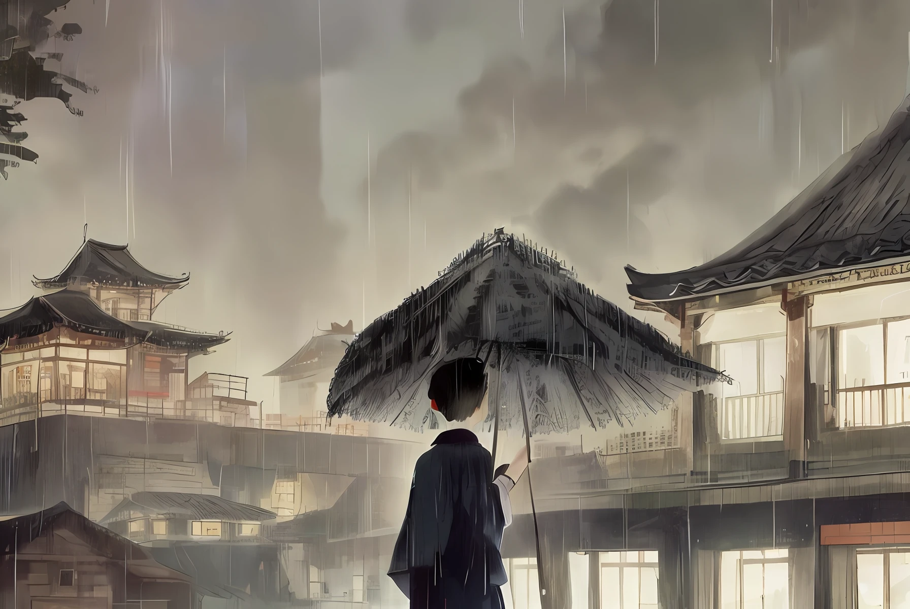 arafed view of a village with a lot of lights on the buildings, dreamy chinese town, chinese village, amazing wallpaper, japanese town, japanese village, hyper realistic photo of a town, old asian village, japanese city, by Raymond Han, rainy evening, cyberpunk chinese ancient castle, beautifully lit buildings, at evening during rain, beautiful and aesthetic, photography, cinematic, 8k, high detailed ((Heavy rain)))