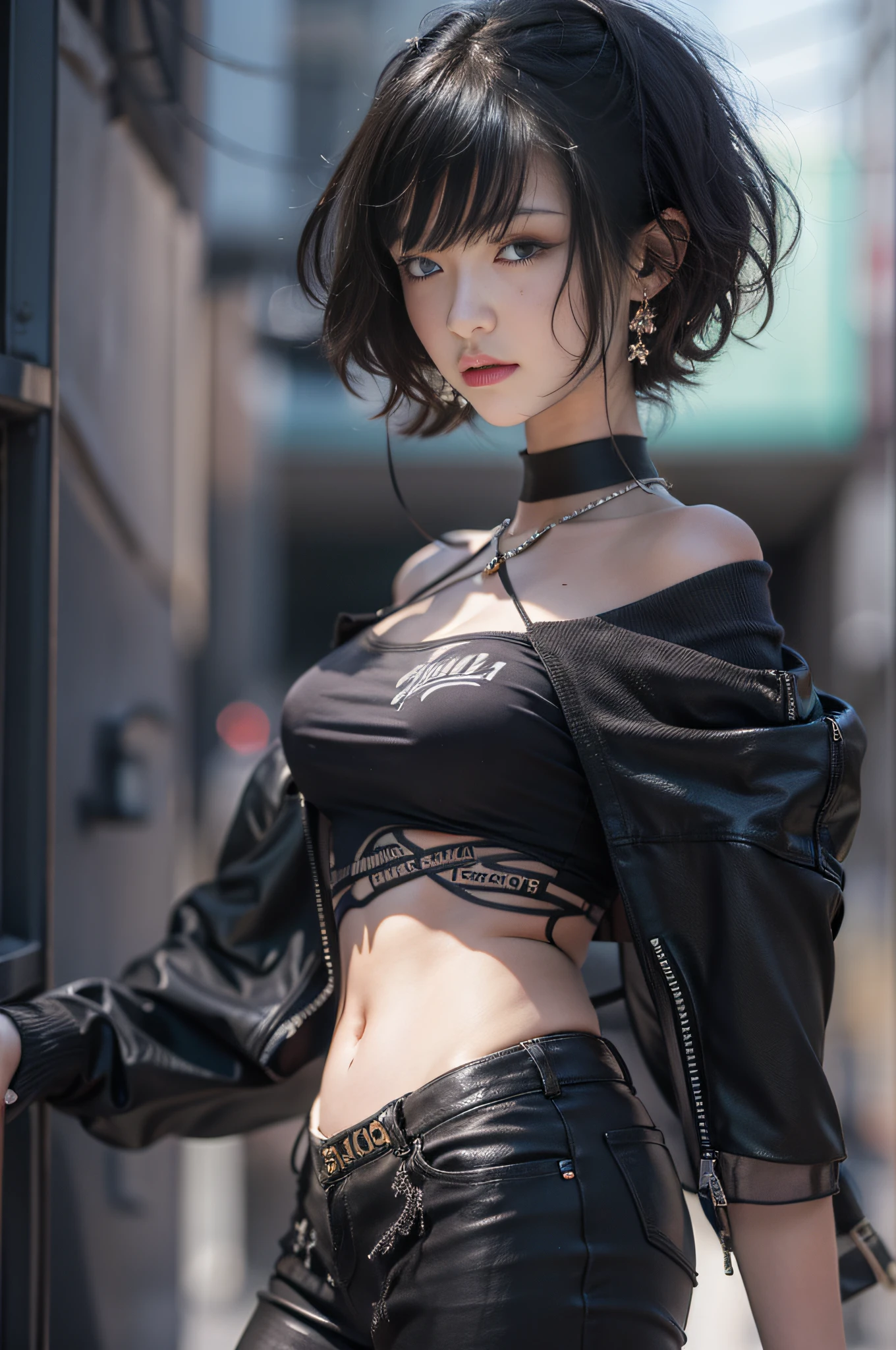 ,In the city,High resolution,Beautifugirl,Full body,Black short hair,sexy