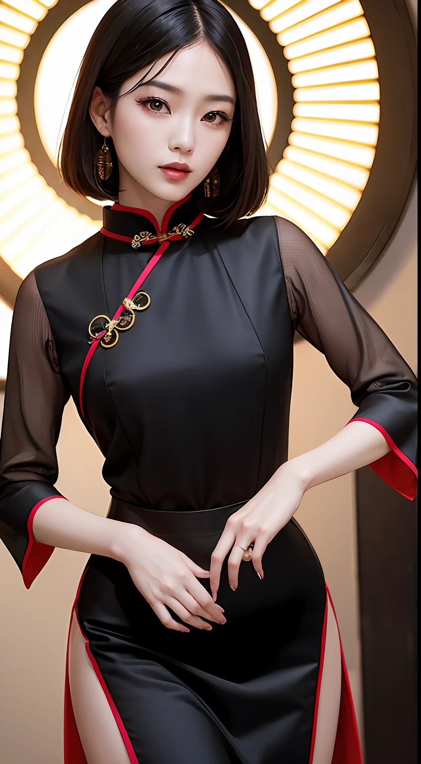 Asian woman, Real Human,A fashion model, Wear a colorful cheongsam, Glamour, paparazzi taking pictures of her, Black hair, 黑The eye, 8K, High quality, Masterpiece, Best quality, HD, Extremely detailed, voluminetric lighting, Photorealistic