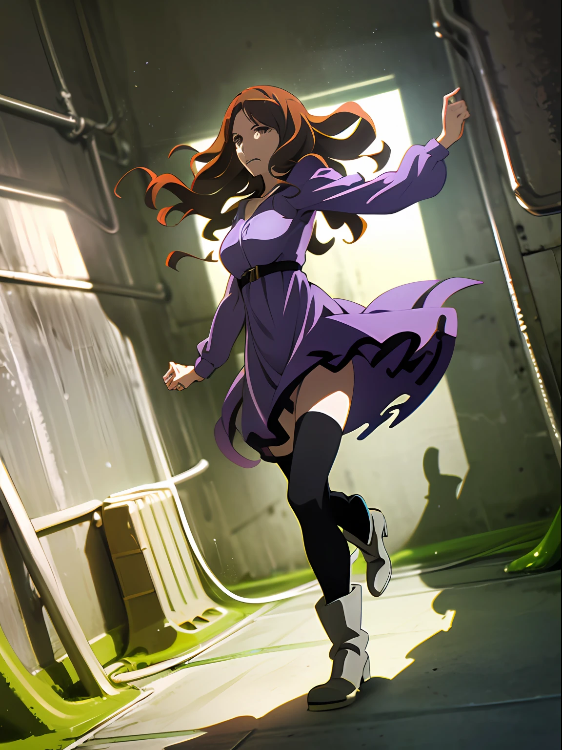 ((((running)))),((((floating hair)))),((((angle from side)))),((((side face)))),(((throwing somehing))),(at night),((((dramatic shadows)))),
highres, shizuri1, 1girl, solo, thighhighs, white boots,brown hair, long hair, brown eyes, black thighhighs, purple dress,(((abandon factory))),
((((((((masterpiece)))))))), best quality, highly detailed, extremely detailed CG unity 8k wallpaper,illustration,sfw,
indoor,((((abandon factory)))),(at night),spotlight,(((grey background))),(grey wall),wire,pipe,(night),