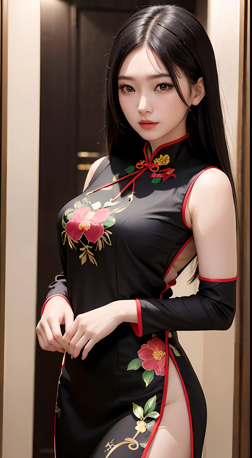 Asian woman, Real Human,A fashion model, Wear a colorful cheongsam, Glamour, paparazzi taking pictures of her, Black hair, 黑The eye, 8K, High quality, Masterpiece, Best quality, HD, Extremely detailed, voluminetric lighting, Photorealistic