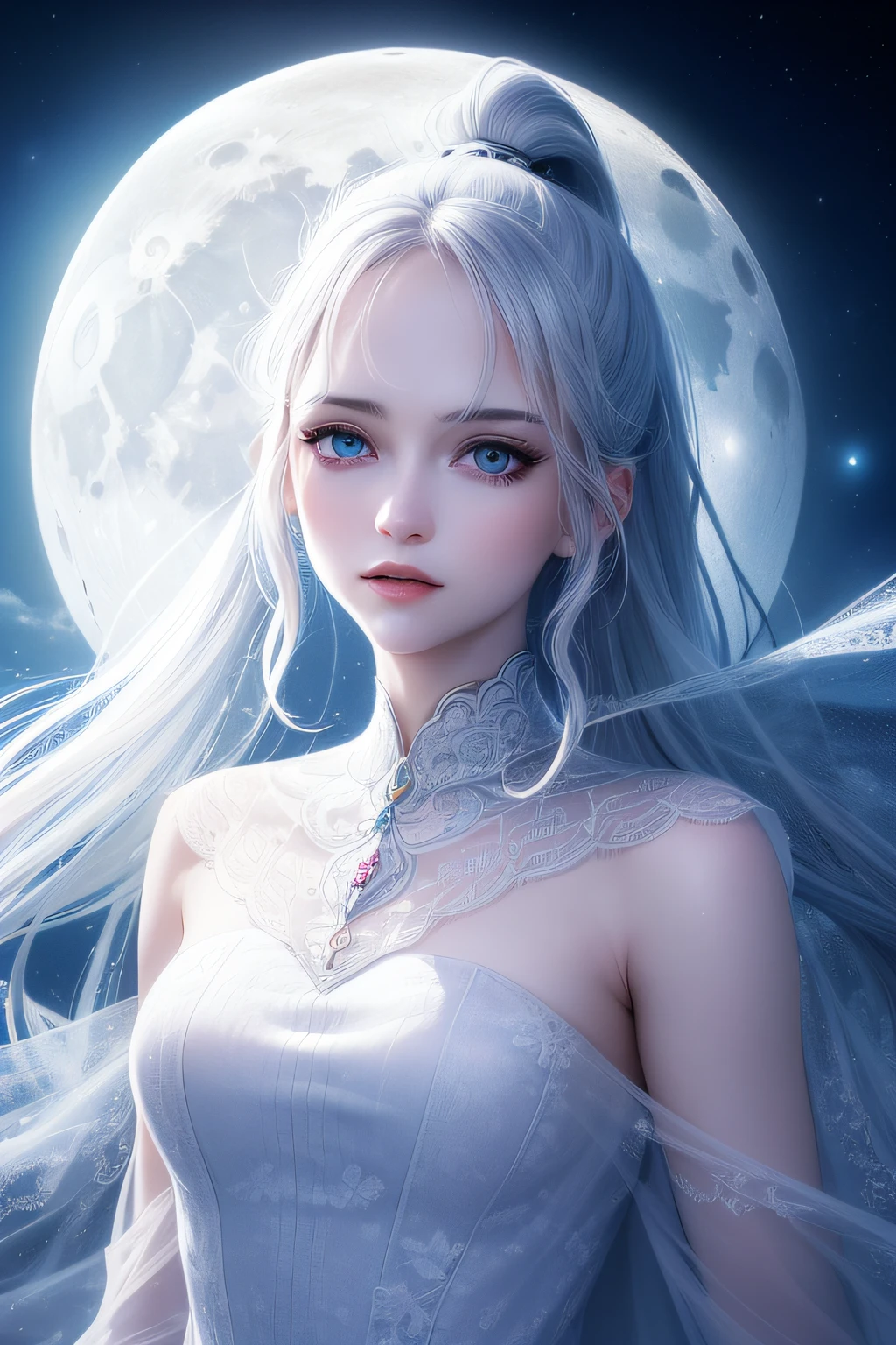 masterpiece, (best quality:1.2), (ultra-detailed:1.2), illustration, (an extremely delicate and beautiful:1.2),cinematic angle,floating, (beautiful detailed eyes:1.1), (detailed light:1.1),cinematic lighting, beautifully detailed sky, women, white hair, blue eyes, (high ponytail:1.1), cloak, glowing eyes, (moon:1.2), (moonlight:1.1), starry sky, (lighting particle:1.1), fog, snow painting, sketch, bloom