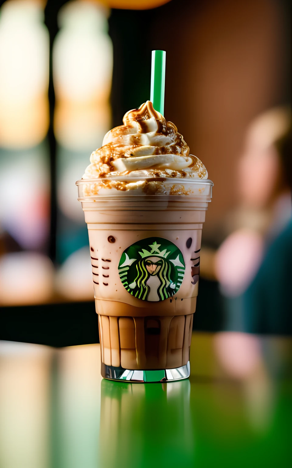 POV photo of an amazing Frappuccino milkshake with chocolate syrup. busy Starbucks dinner interior background, people in background, Starbucks logo on the glass, Cinestill 50D, photography