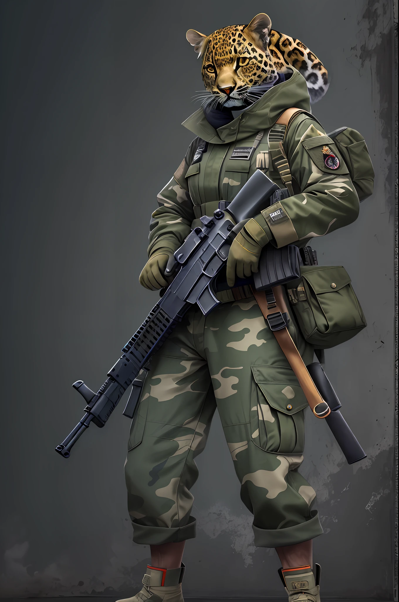 Surreal style,mirai,sci-fy,Leopard head warrior,camouflage uniform,Firearms,SUV,super-fine,high qulity,A high resolution,Works of masters,dynamic viewing angle