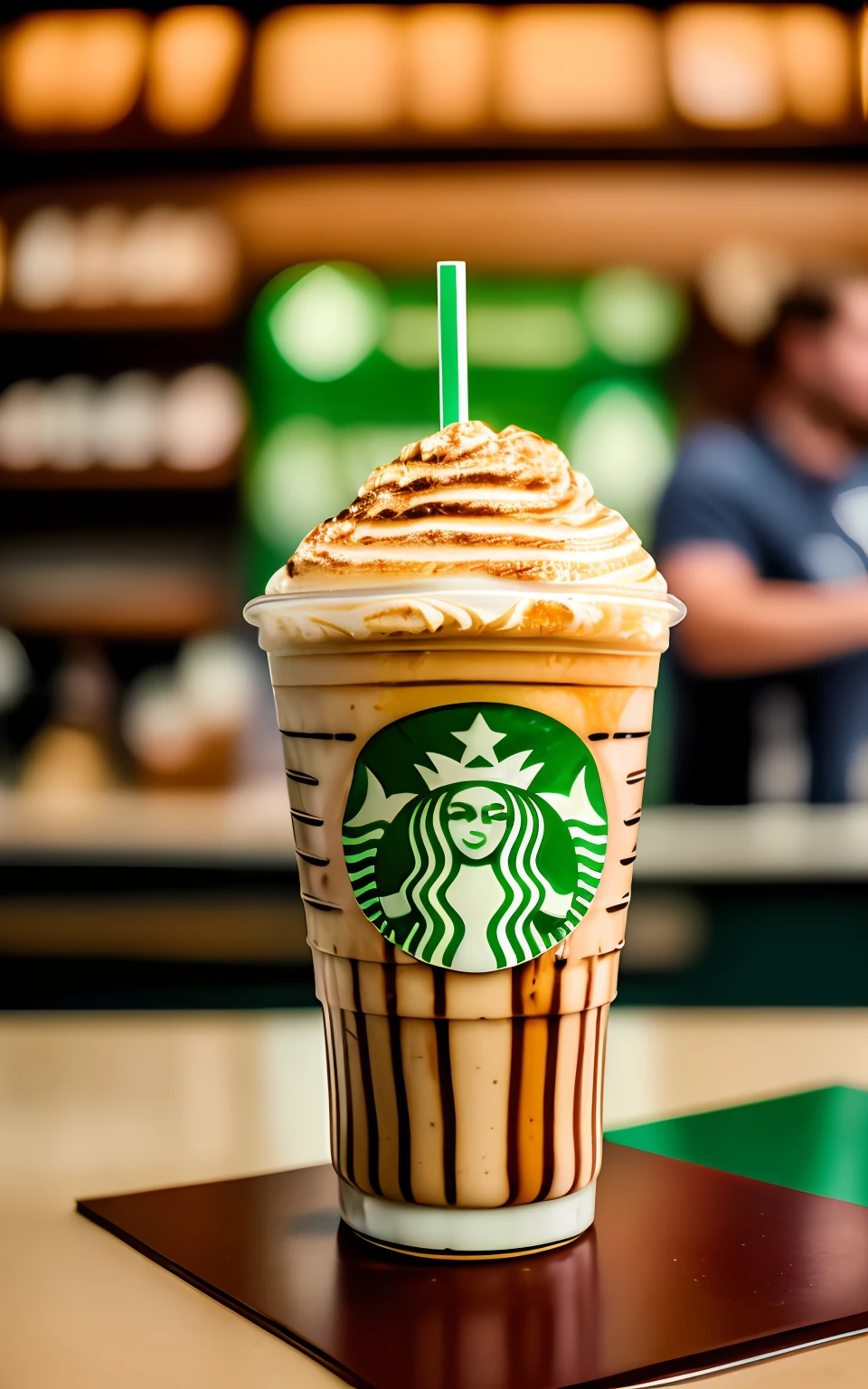 POV photo of an amazing Frappuccino milkshake with chocolate syrup. busy Starbucks dinner interior background, people in background, Starbucks logo on the glass, Cinestill 50D, photography